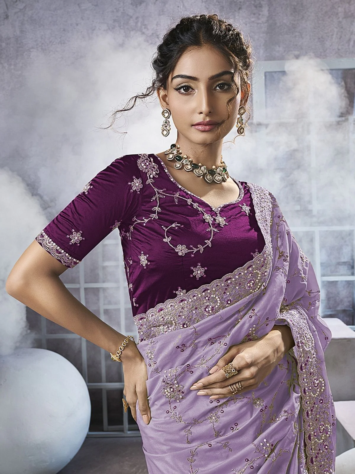 Odette Lavender Georgette Embellished Elegant Saree For Women - Image 2