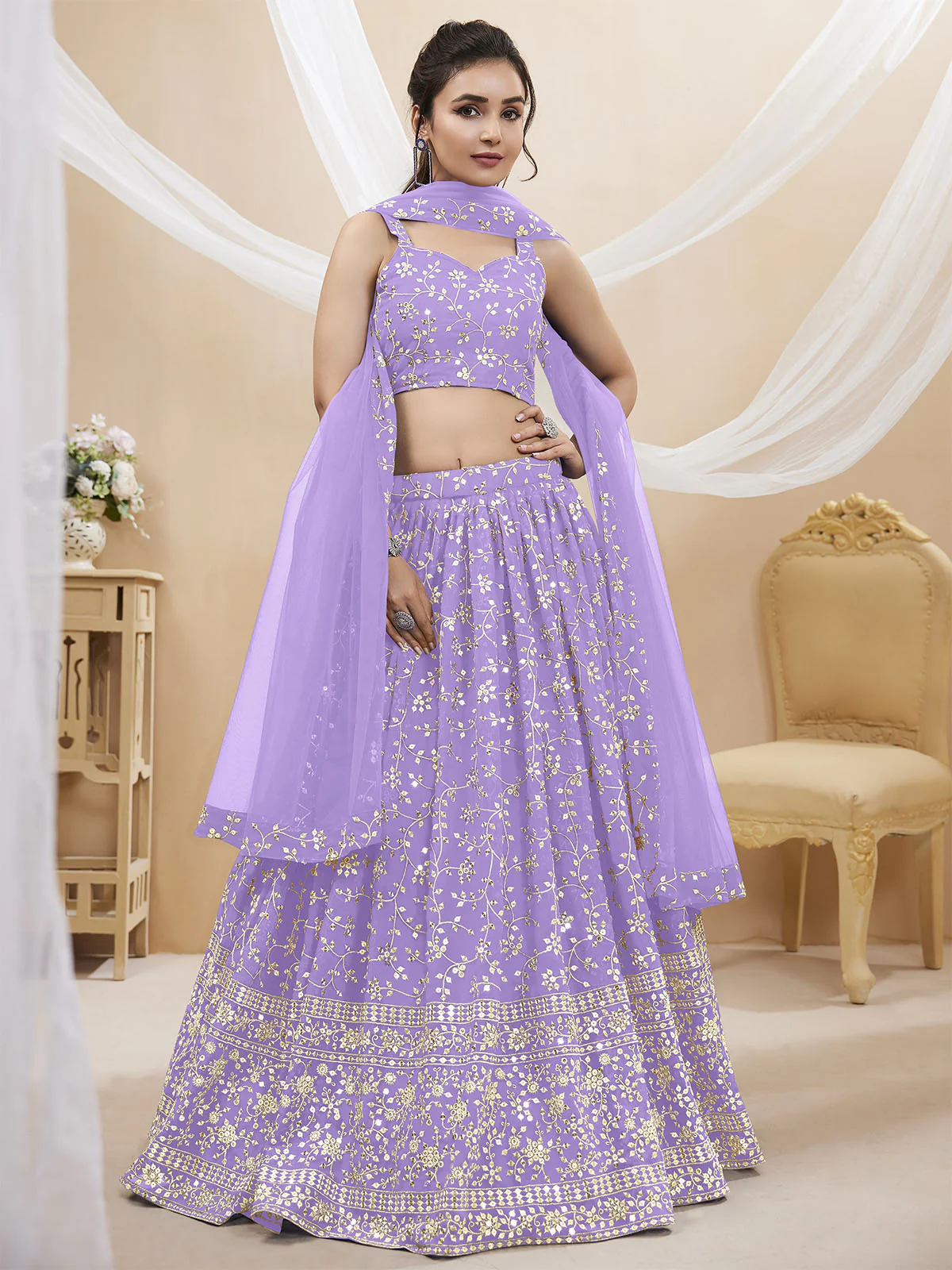 Odette Lavender Georgette Embellished Semi Stitched Lehenga With Unstitched Blouse For Women - Image 2