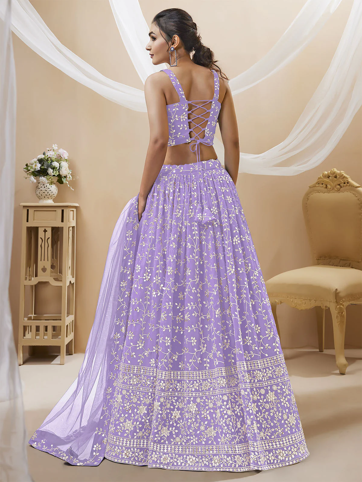 Odette Lavender Georgette Embellished Semi Stitched Lehenga With Unstitched Blouse For Women - Image 3