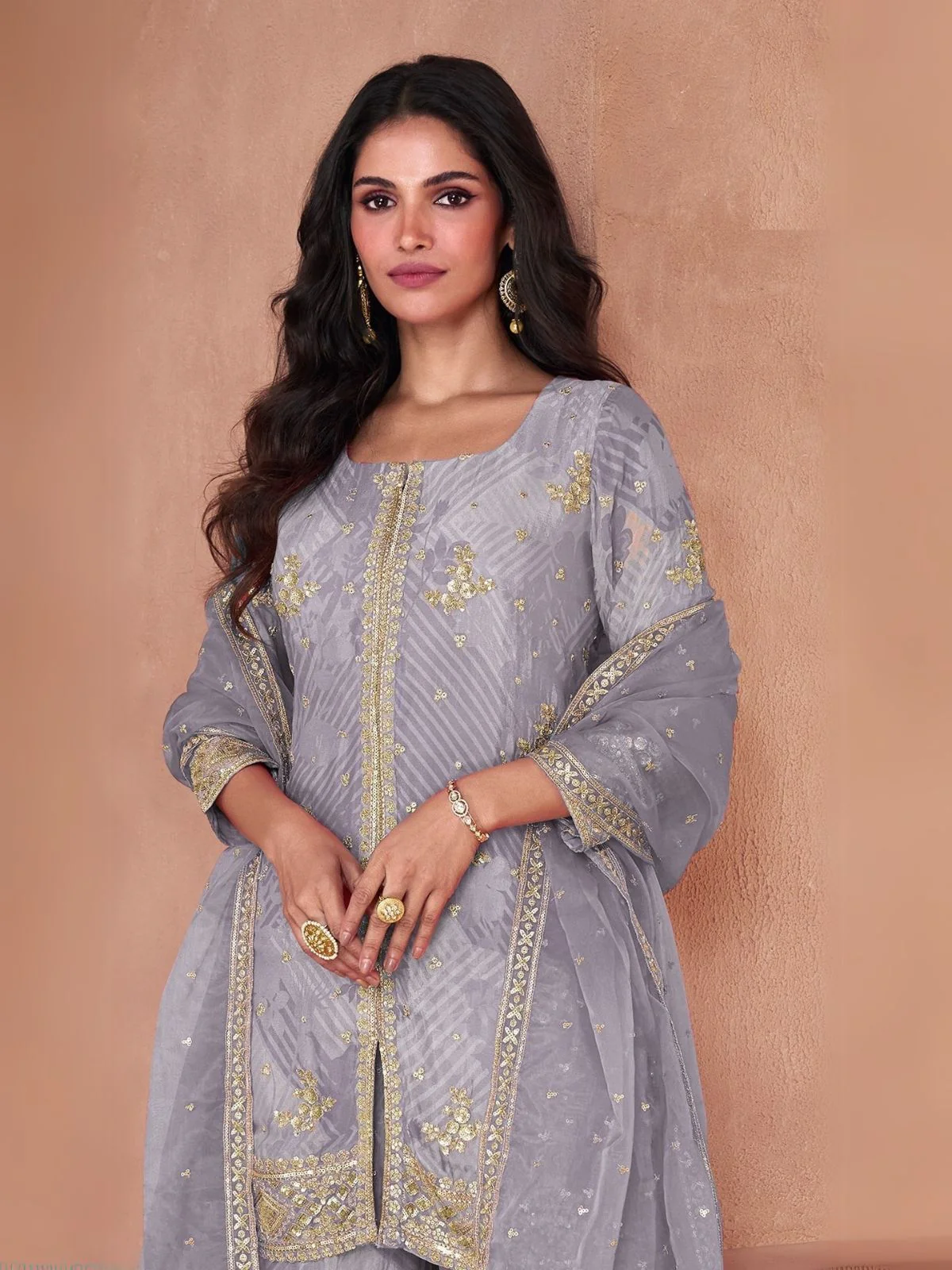 Odette Lavender Georgette Embellished Stitched Kurta Set For Women - Image 2