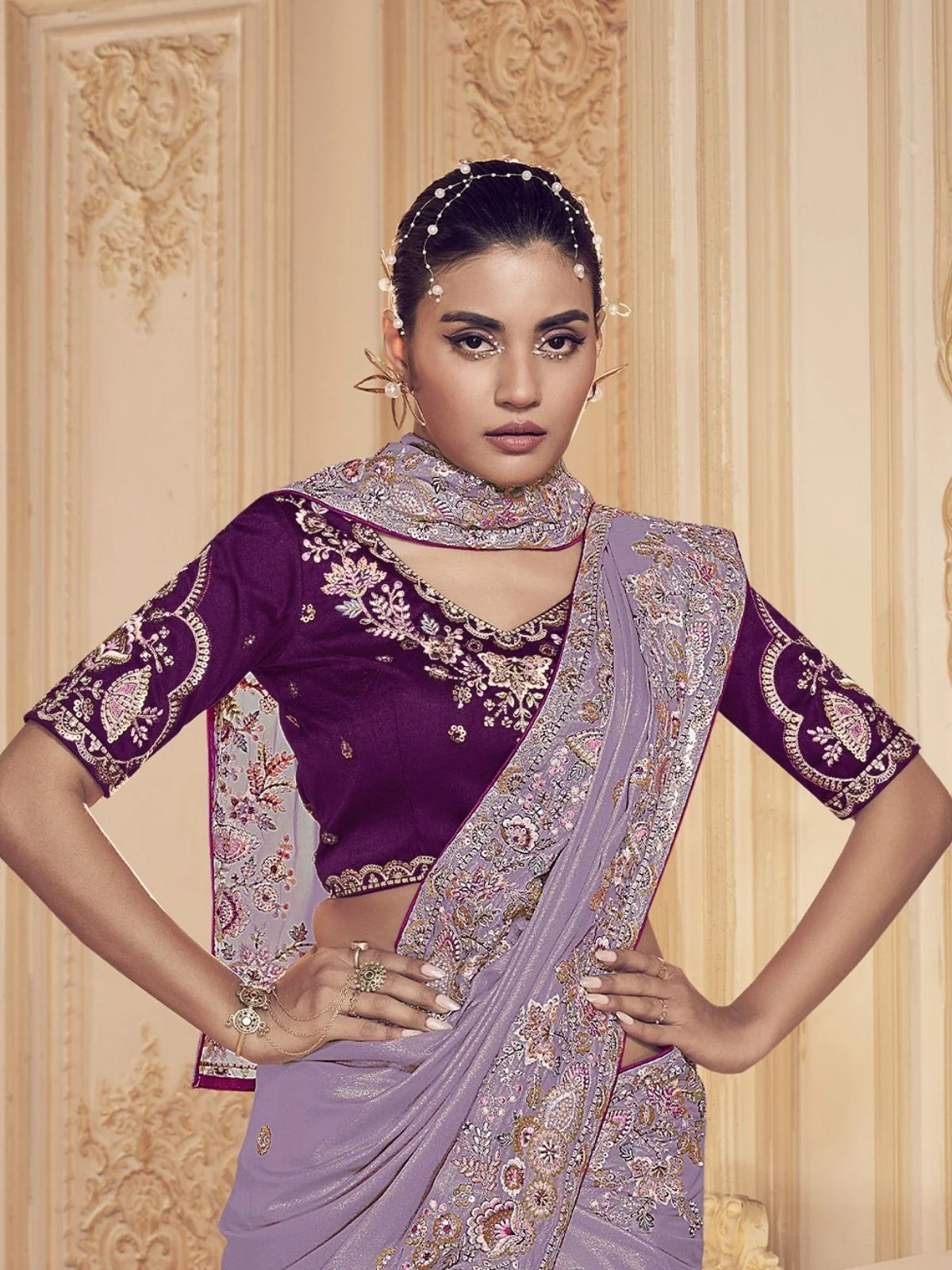 Odette Lavender Georgette Embroidered Elegant Saree For Women - Image 2