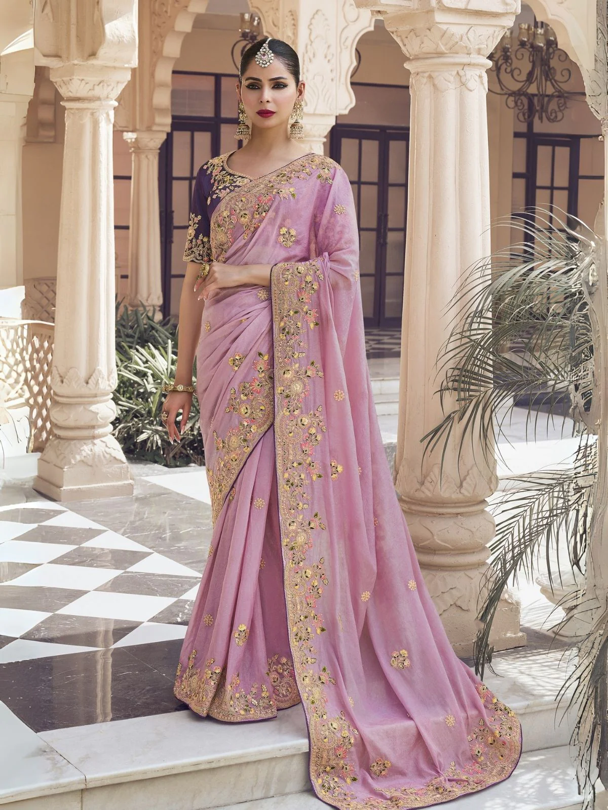 Odette Lavender Georgette Embroidered Elegant Saree For Women