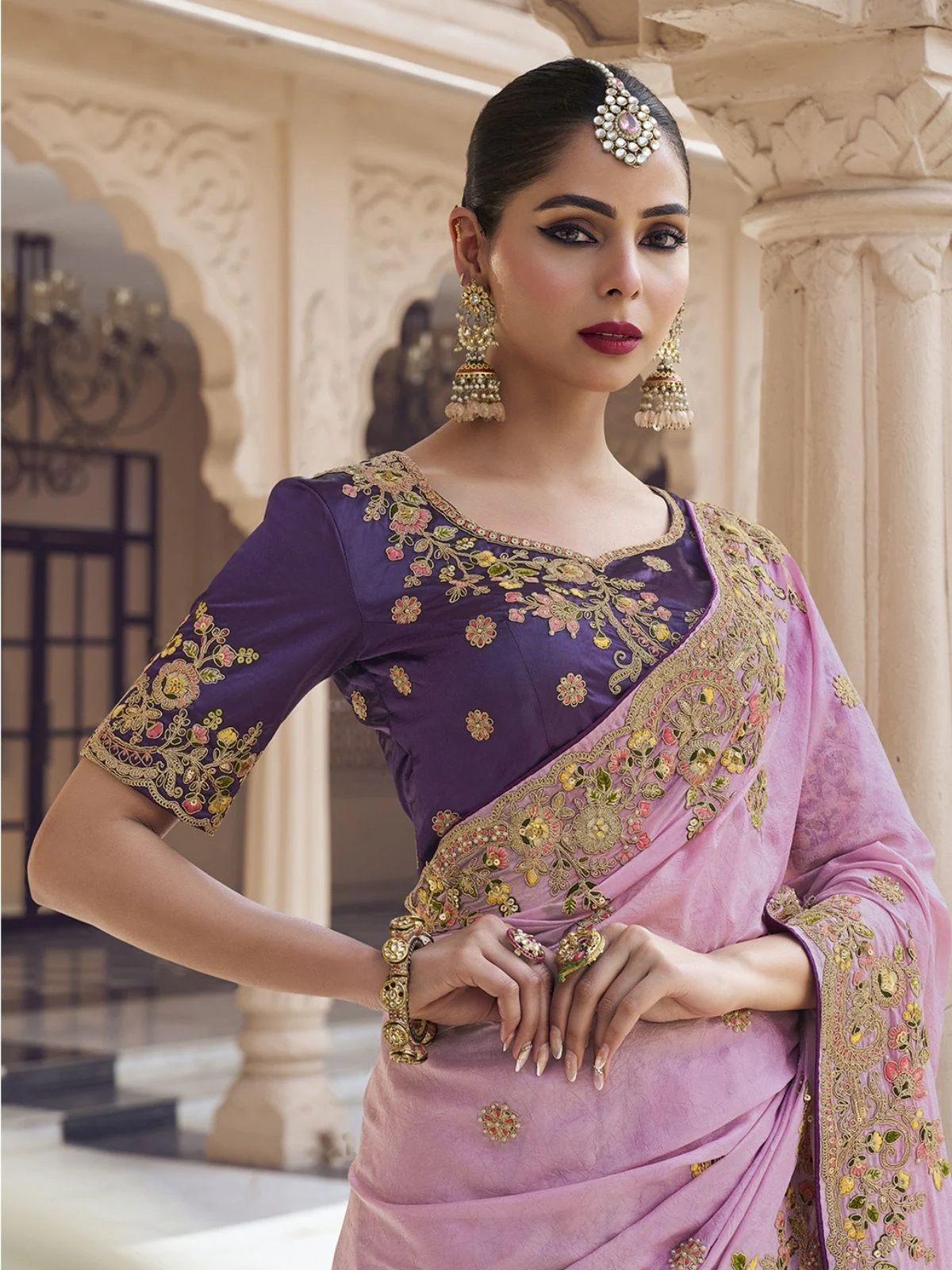 Odette Lavender Georgette Embroidered Elegant Saree For Women - Image 2