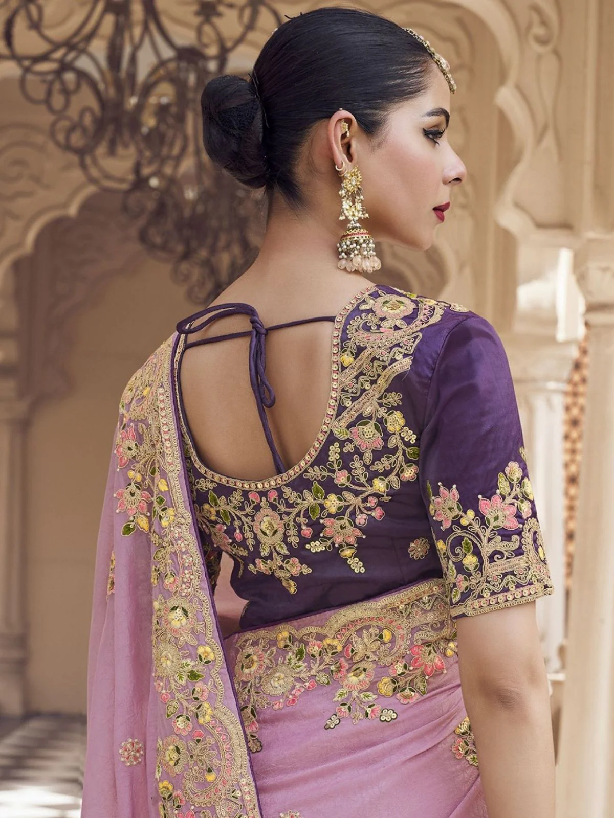 Odette Lavender Georgette Embroidered Elegant Saree For Women - Image 3