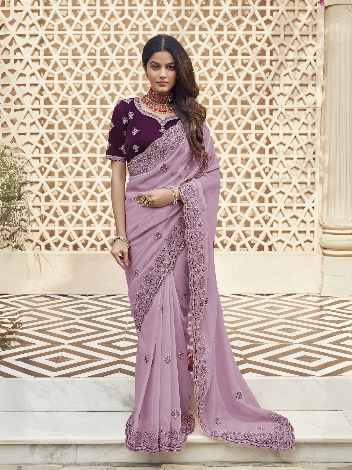 Odette Lavender Georgette Embroidered Elegant Saree For Women