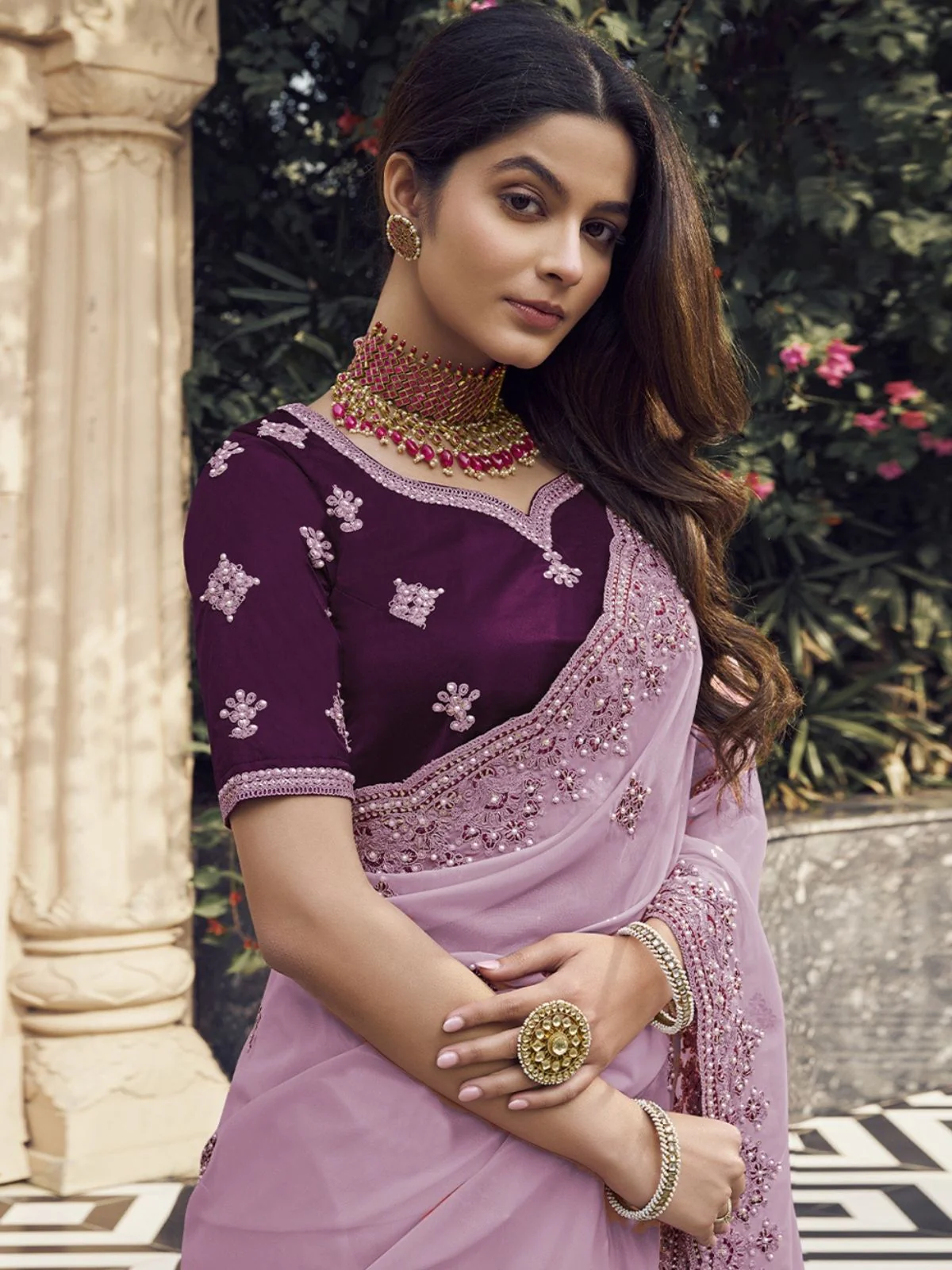 Odette Lavender Georgette Embroidered Elegant Saree For Women - Image 3