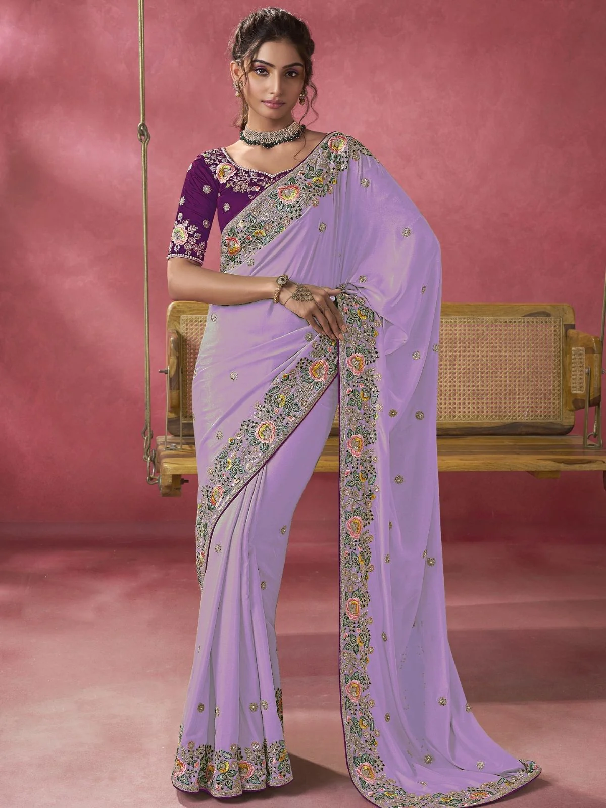 Odette Lavender Georgette Embroidered Elegant Saree For Women