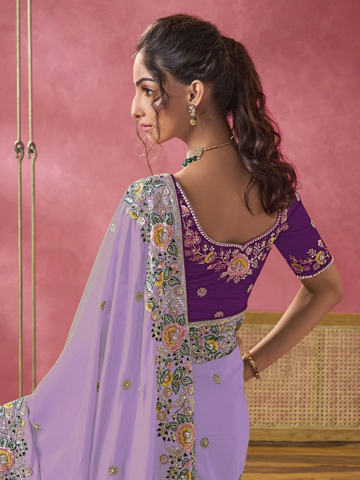 Odette Lavender Georgette Embroidered Elegant Saree For Women - Image 3