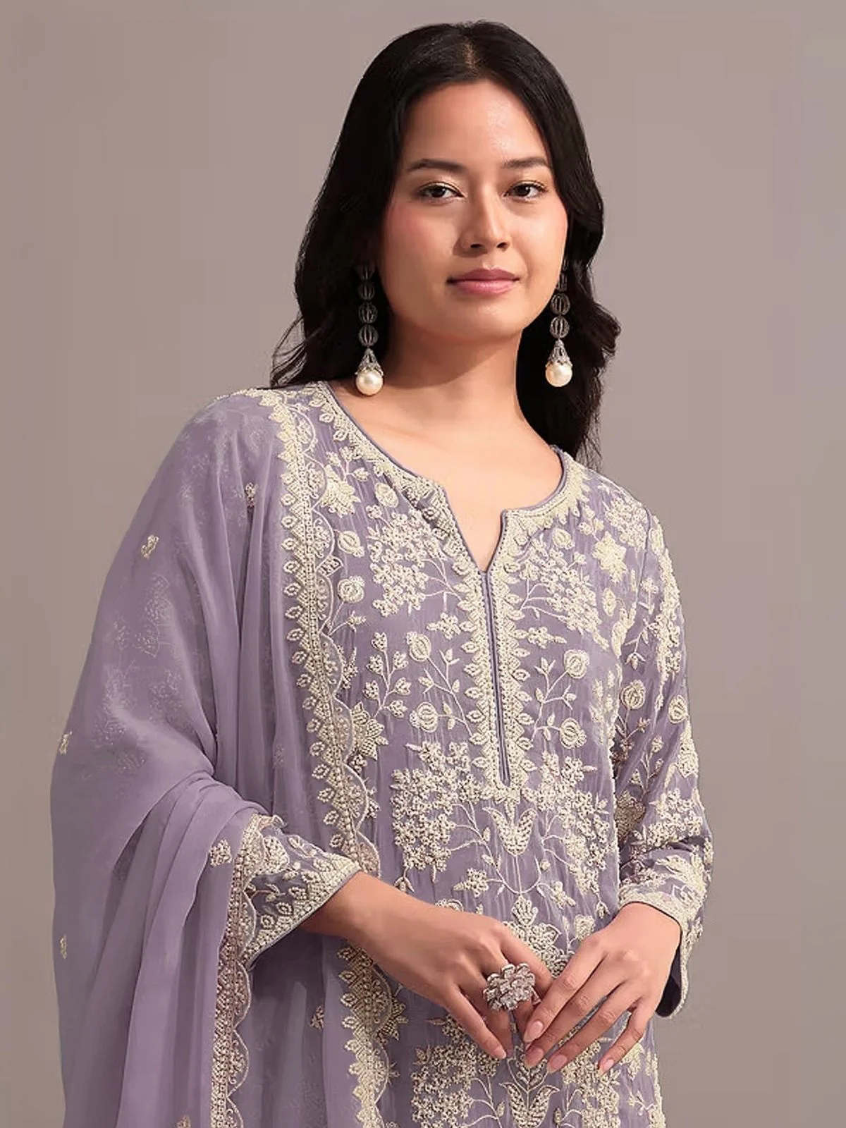 Odette Lavender Georgette Embroidered Semi-Sitched Kurta Set For Women - Image 2
