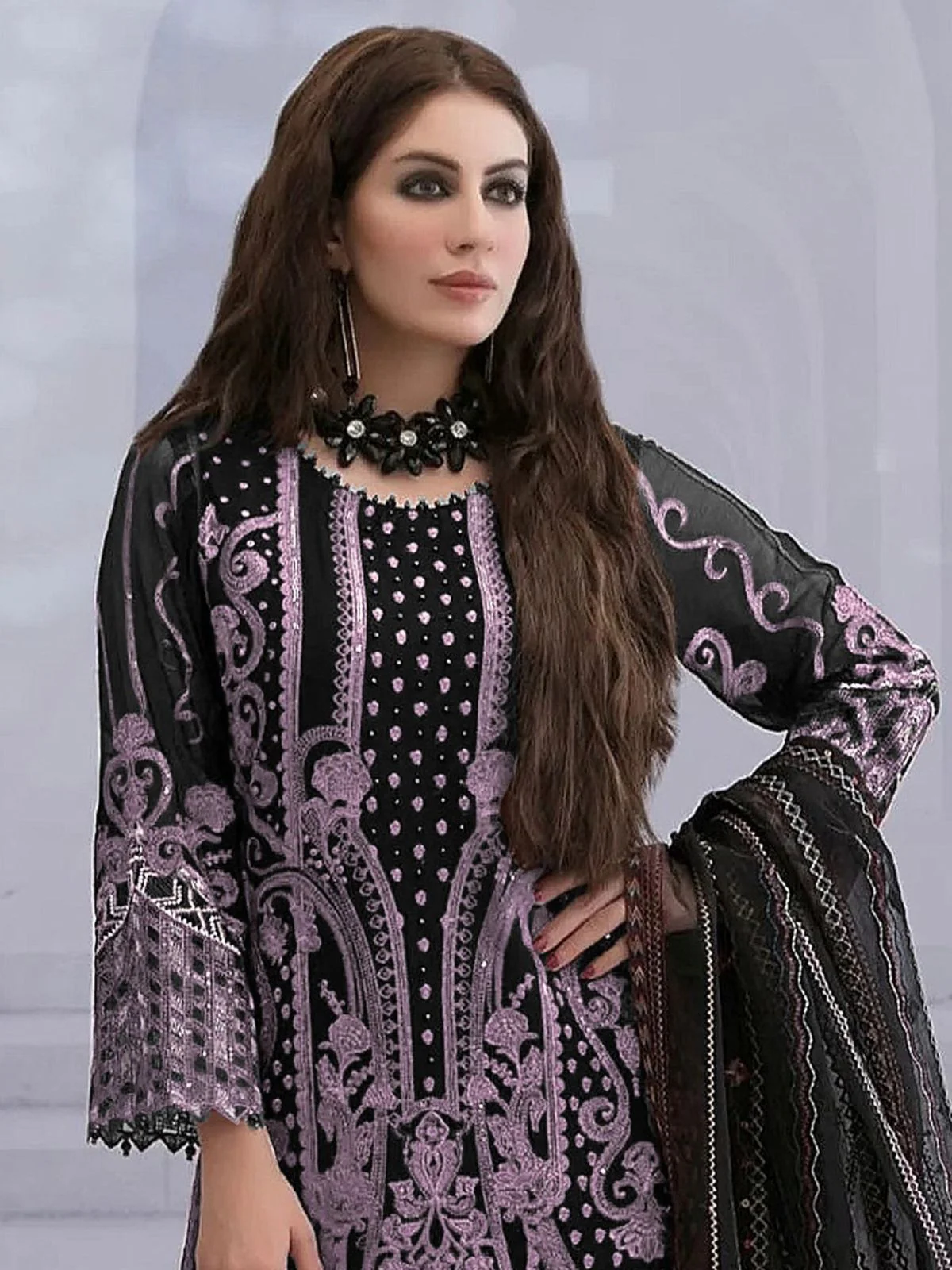 Odette Lavender Georgette Embroidered Semi-Sitched Kurta Set For Women - Image 2