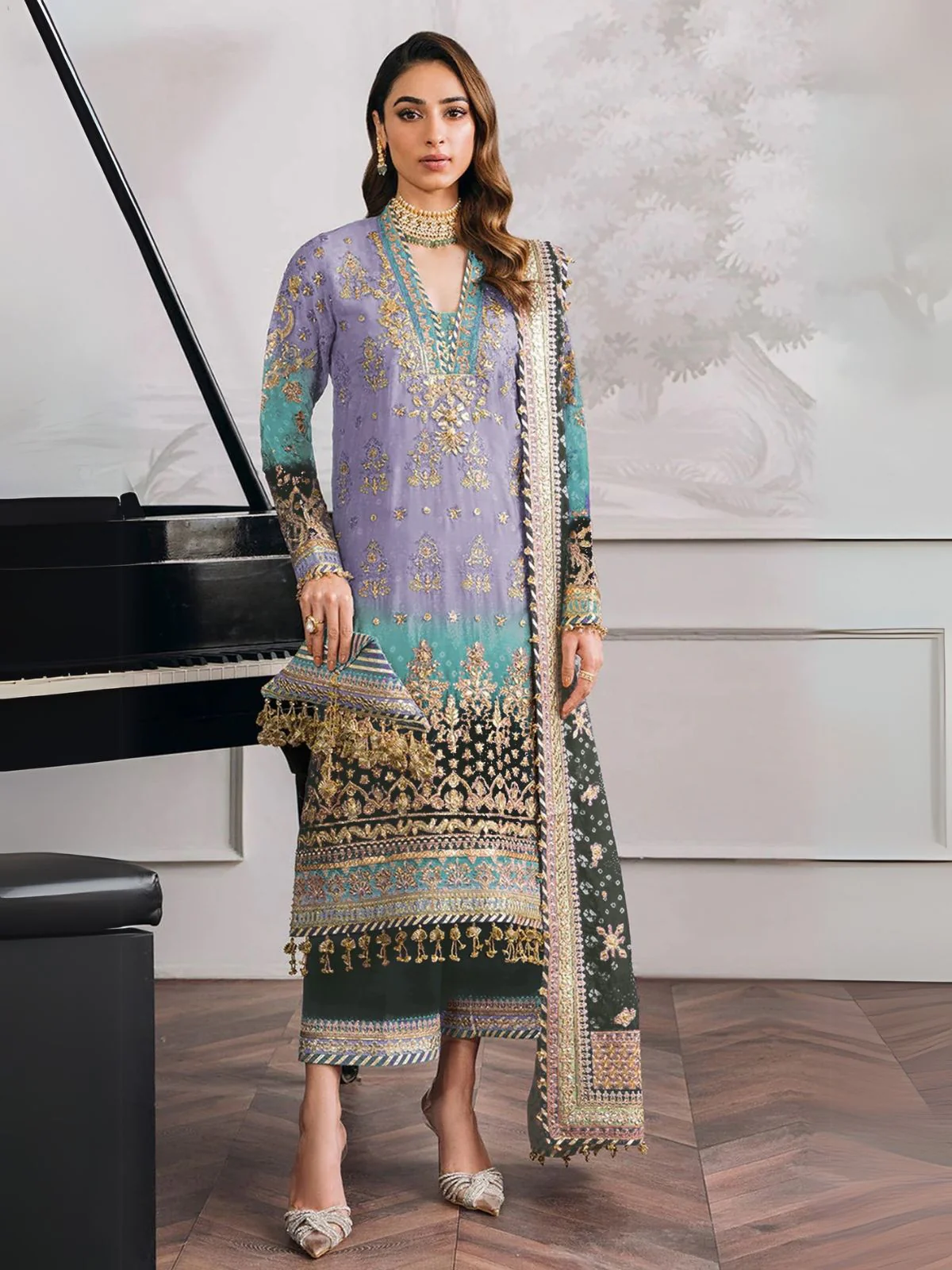 Odette Lavender Georgette Embroidered Semi-Stitched Kurta Set For Women