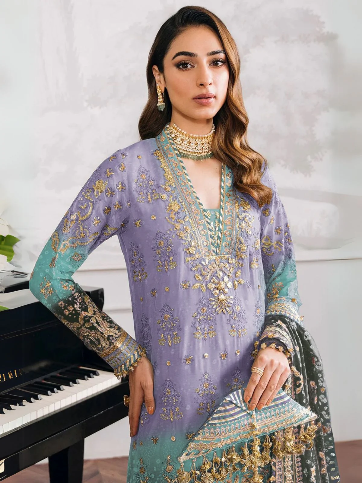 Odette Lavender Georgette Embroidered Semi-Stitched Kurta Set For Women - Image 2
