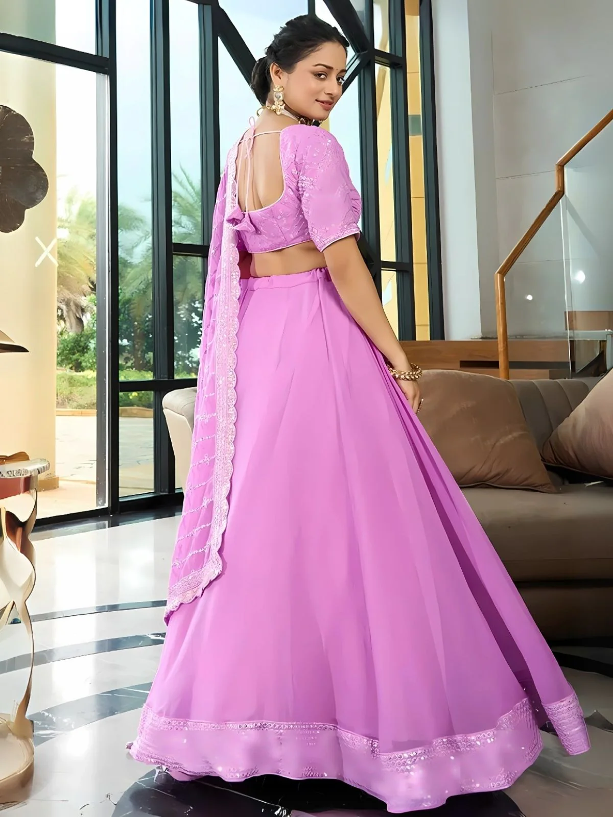 Odette Lavender Georgette Embroidered Semi-Stitched Lehenga For Women - Image 2