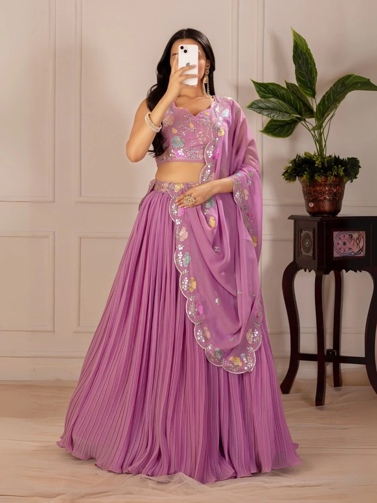 Odette Lavender Georgette Embroidered Semi-Stitched lehenga For Women