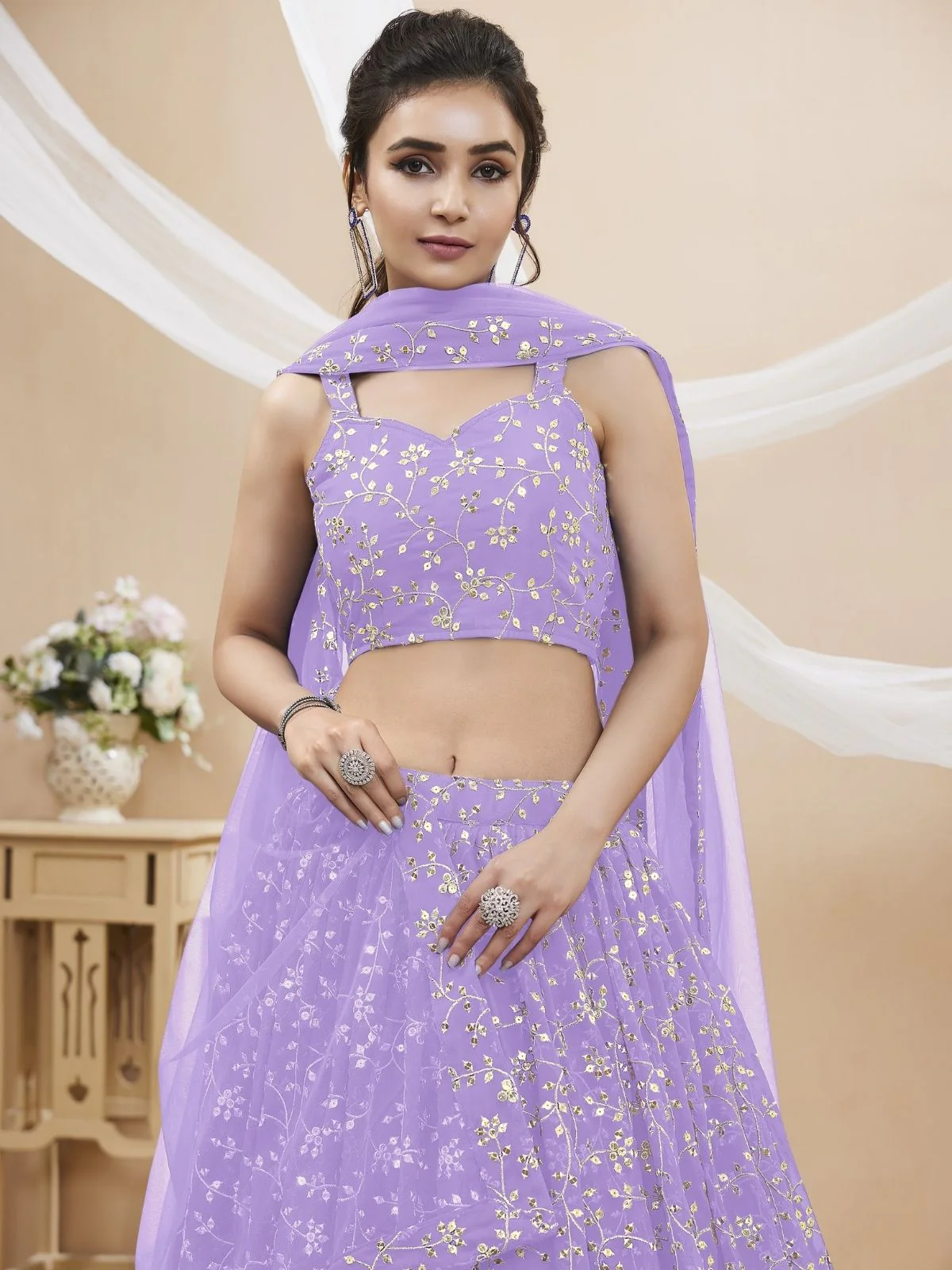 Odette Lavender Georgette Embroidered Semi-Stitched Lehenga For Women - Image 4
