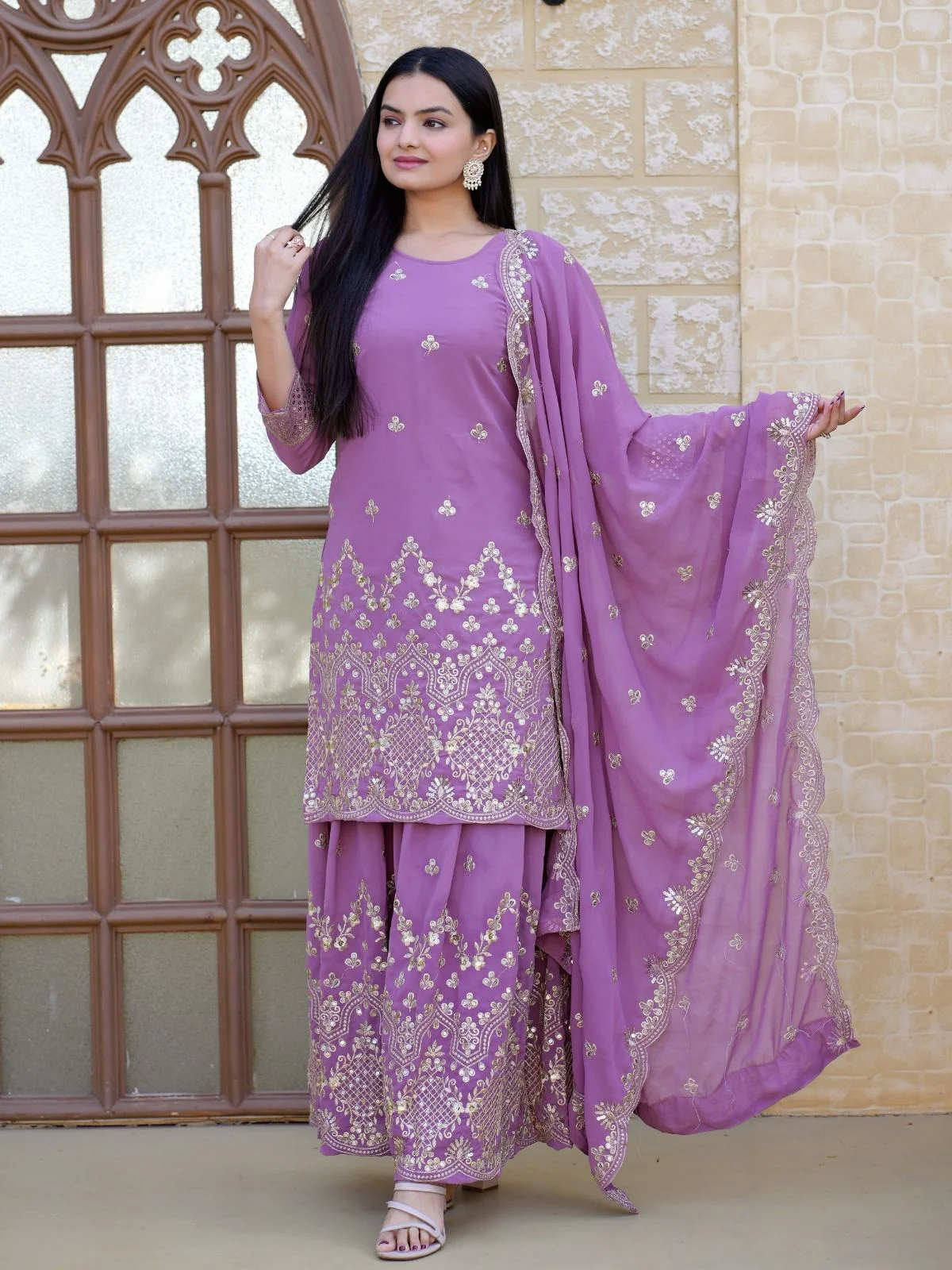 Odette Lavender Georgette Embroidered Stitched Kurta Set For Women - Image 2