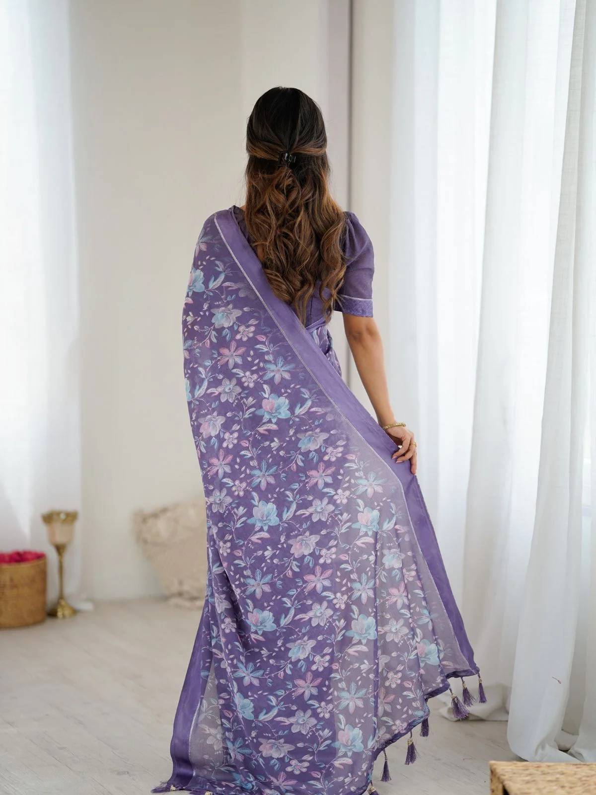 Odette Lavender Georgette Printed Saree For Women - Image 3