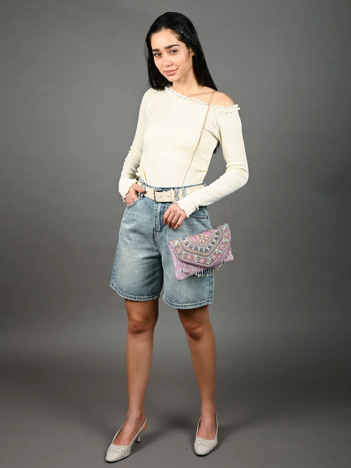 Odette Lavender Jute Embellished Sling Bag For Women