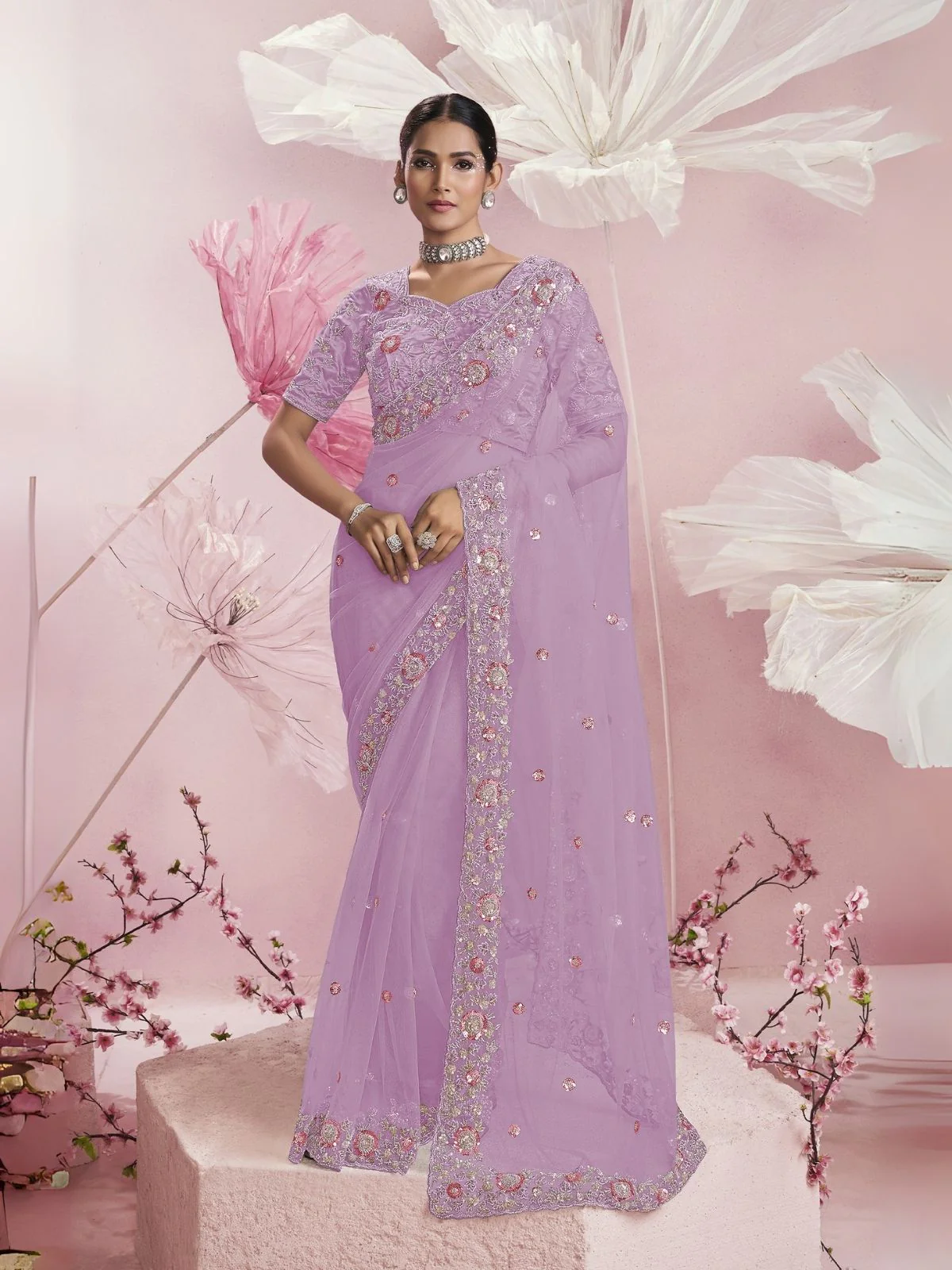 Odette Lavender Net Embellished Elegant Saree For Women