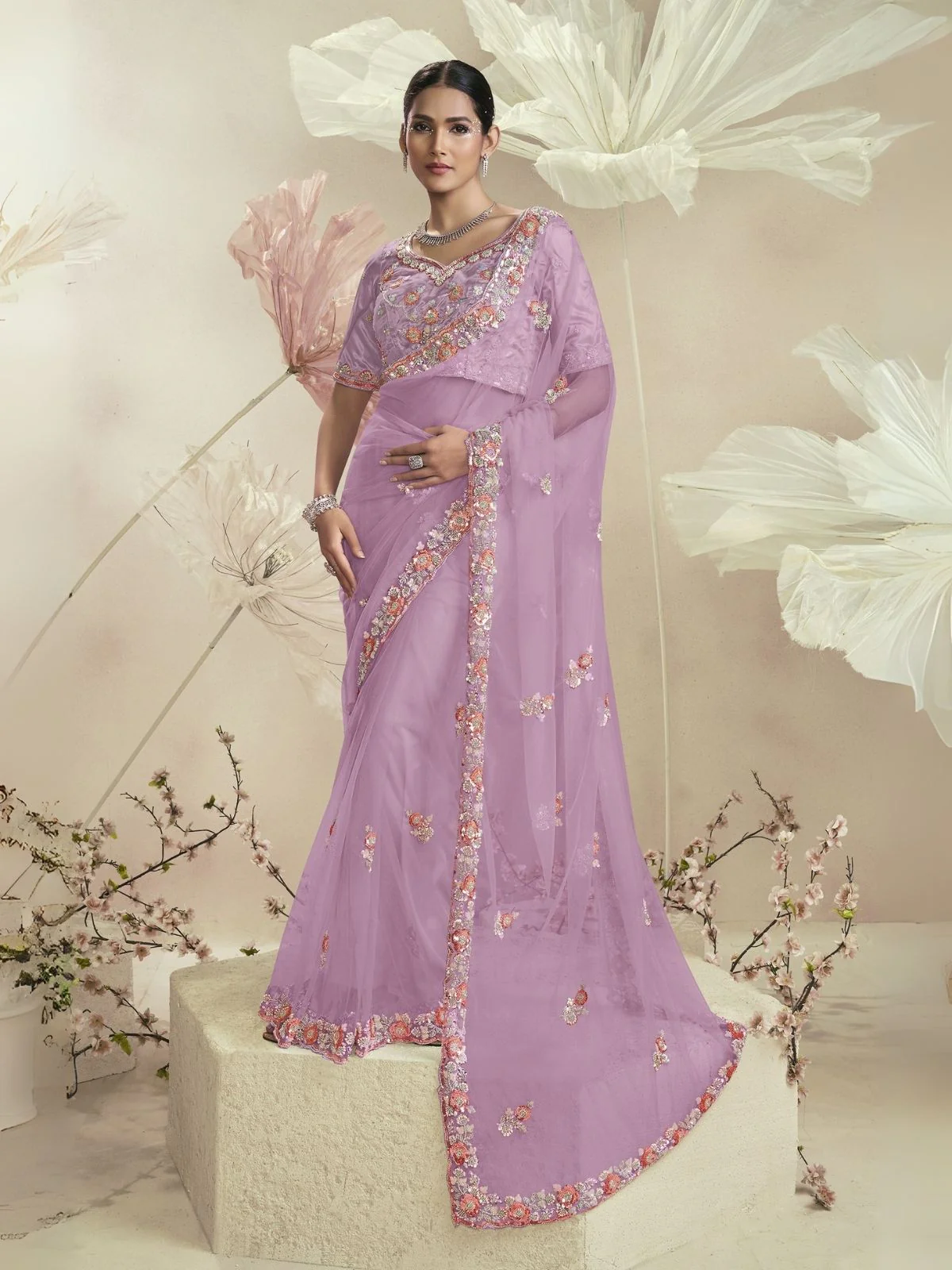 Odette Lavender Net Embellished Elegant Saree For Women