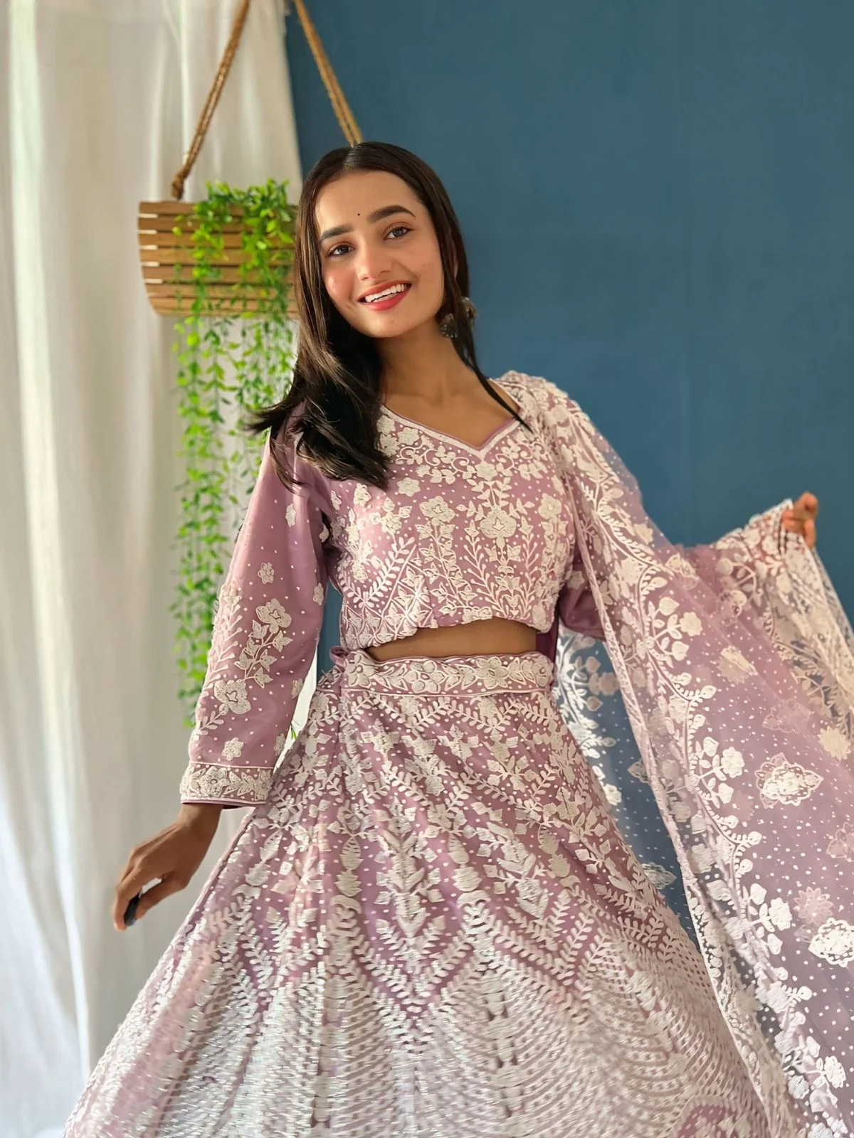 Odette Lavender Net Embellished Semi Stitched Lehenga For Women - Image 3