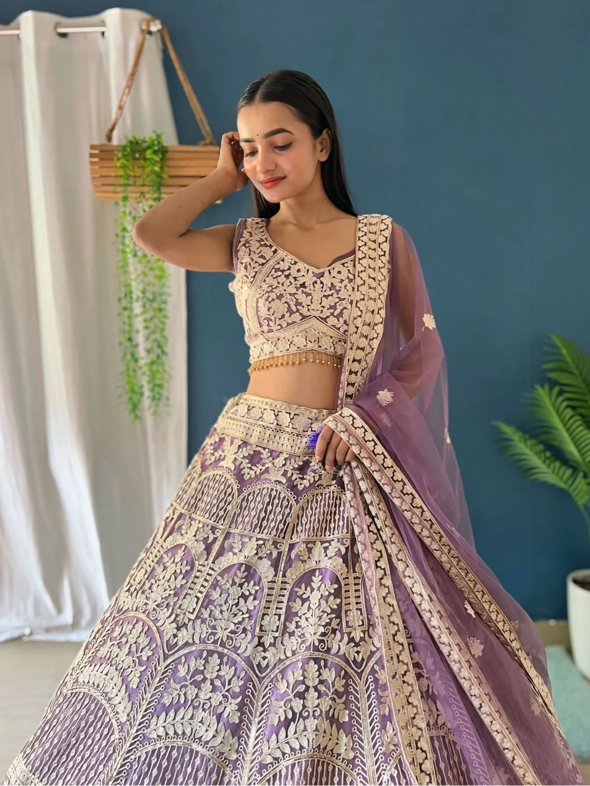 Odette Lavender Net Embellished Semi Stitched Lehenga For Women - Image 3