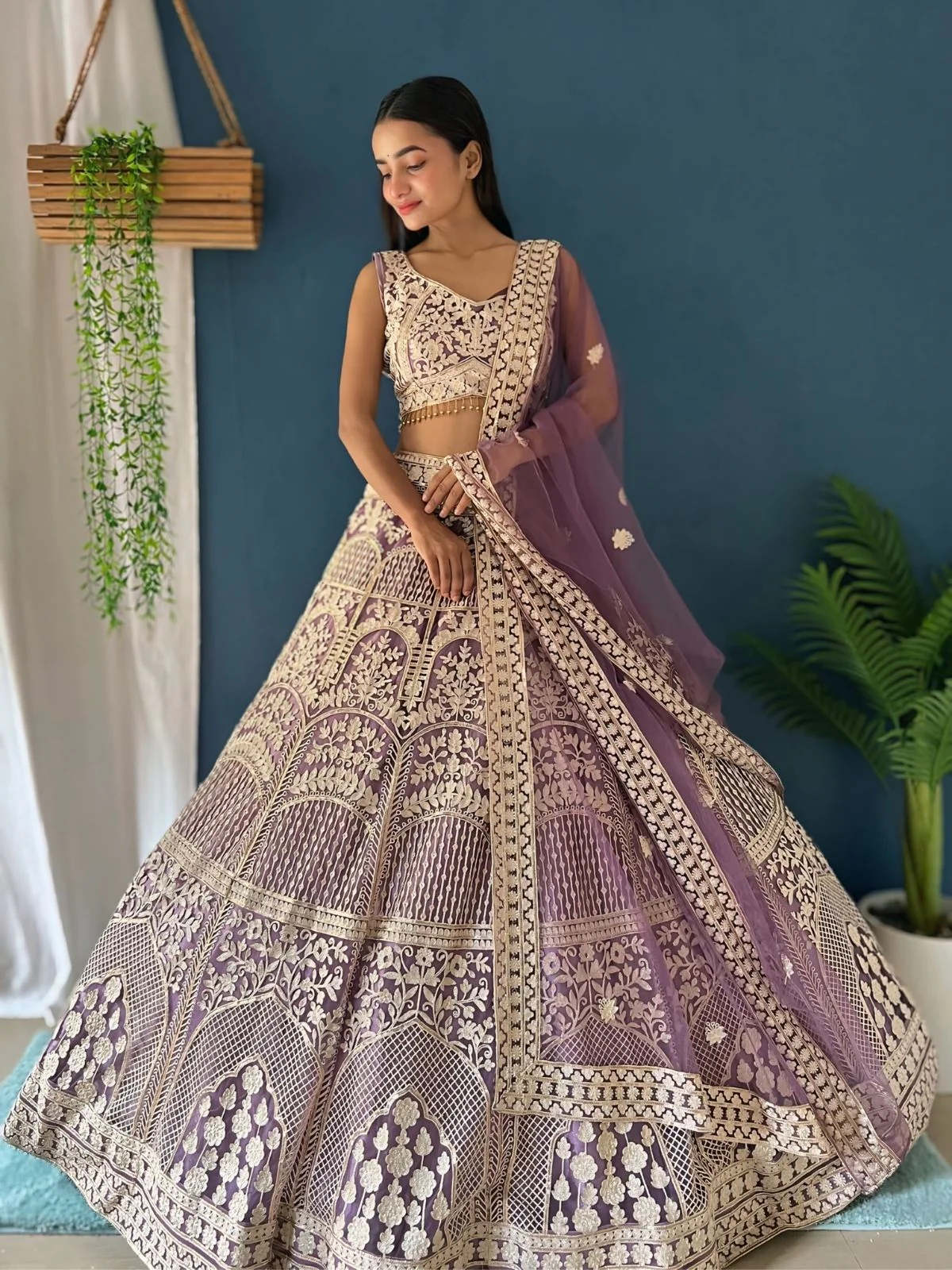 Odette Lavender Net Embellished Semi-Stitched lehenga For Women - Image 2