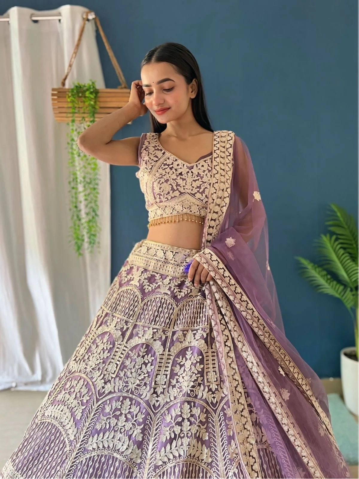 Odette Lavender Net Embellished Semi-Stitched lehenga For Women - Image 3