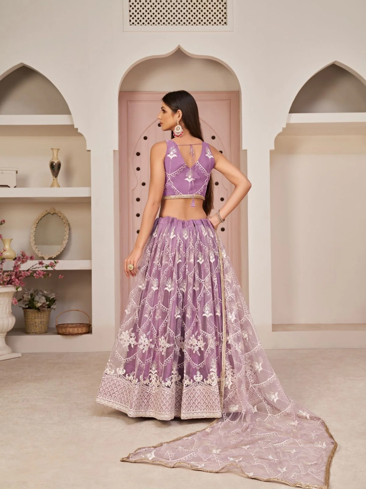 Odette Lavender Net Embroidered Semi Stitched Lehenga For Women - Image 3