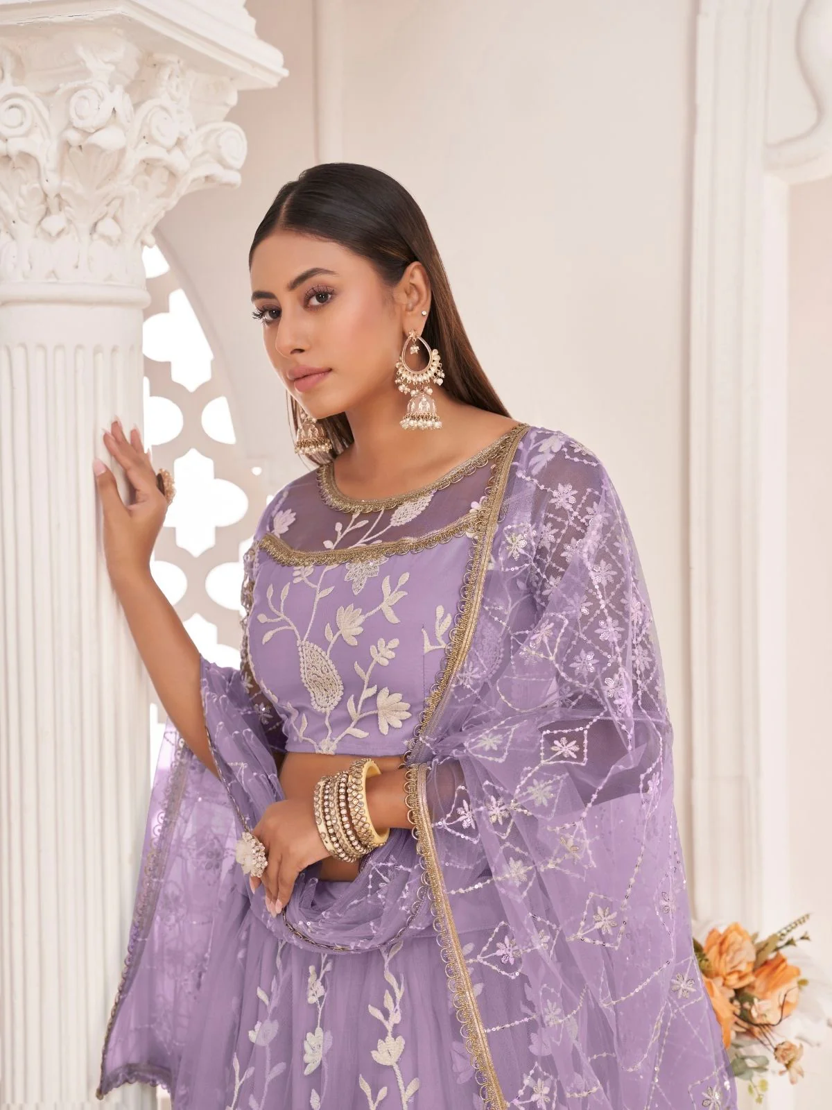 Odette Lavender Net Embroidered Semi Stitched Lehenga For Women - Image 2
