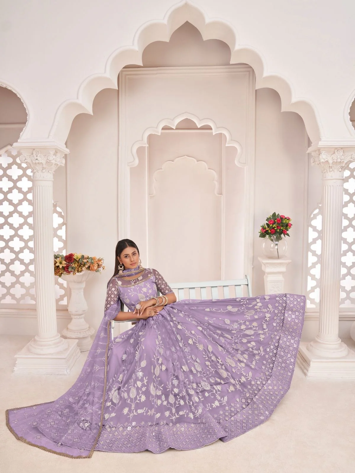 Odette Lavender Net Embroidered Semi Stitched Lehenga For Women - Image 4