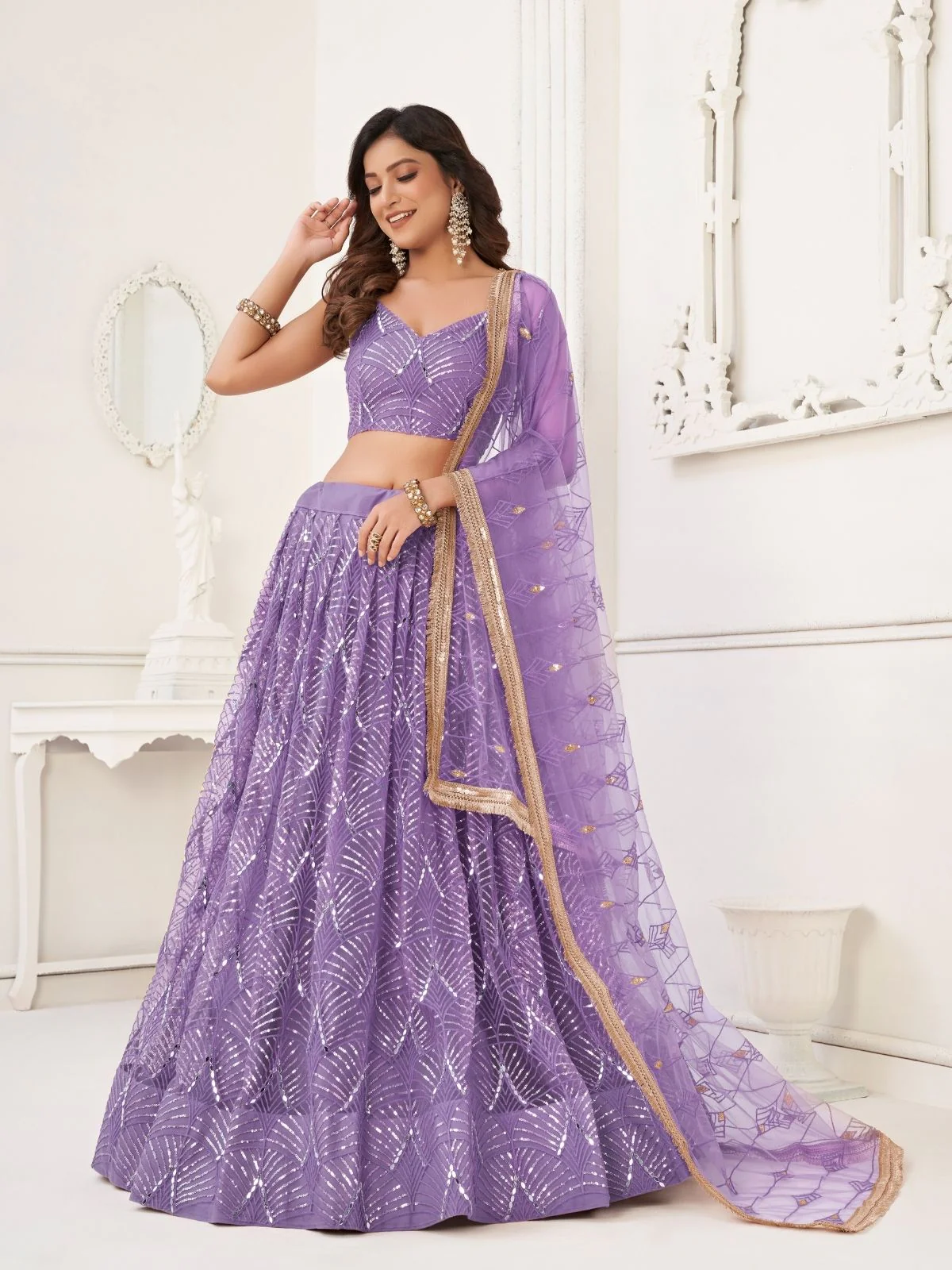 Odette Lavender Net Embroidered Semi Stitched Lehenga For Women - Image 2