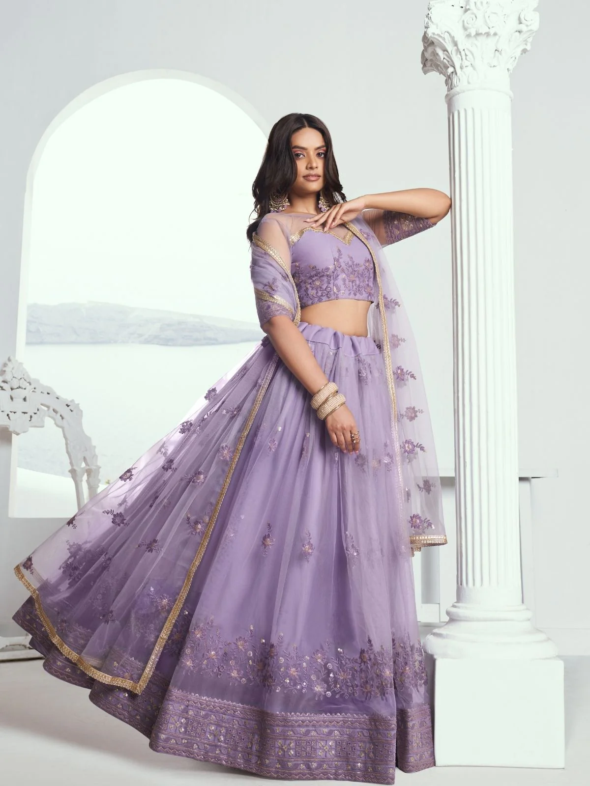Odette Lavender Net Embroidered Semi Stitched Lehenga For Women - Image 2