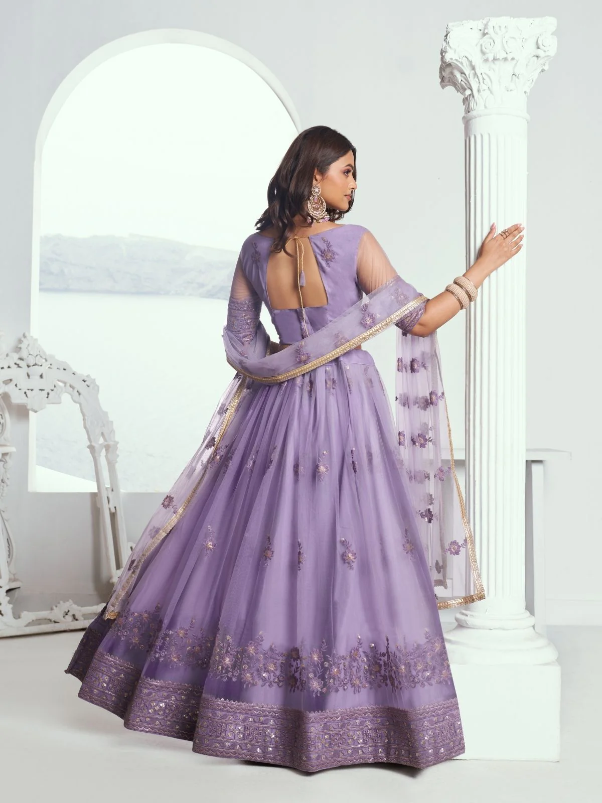 Odette Lavender Net Embroidered Semi Stitched Lehenga For Women - Image 3
