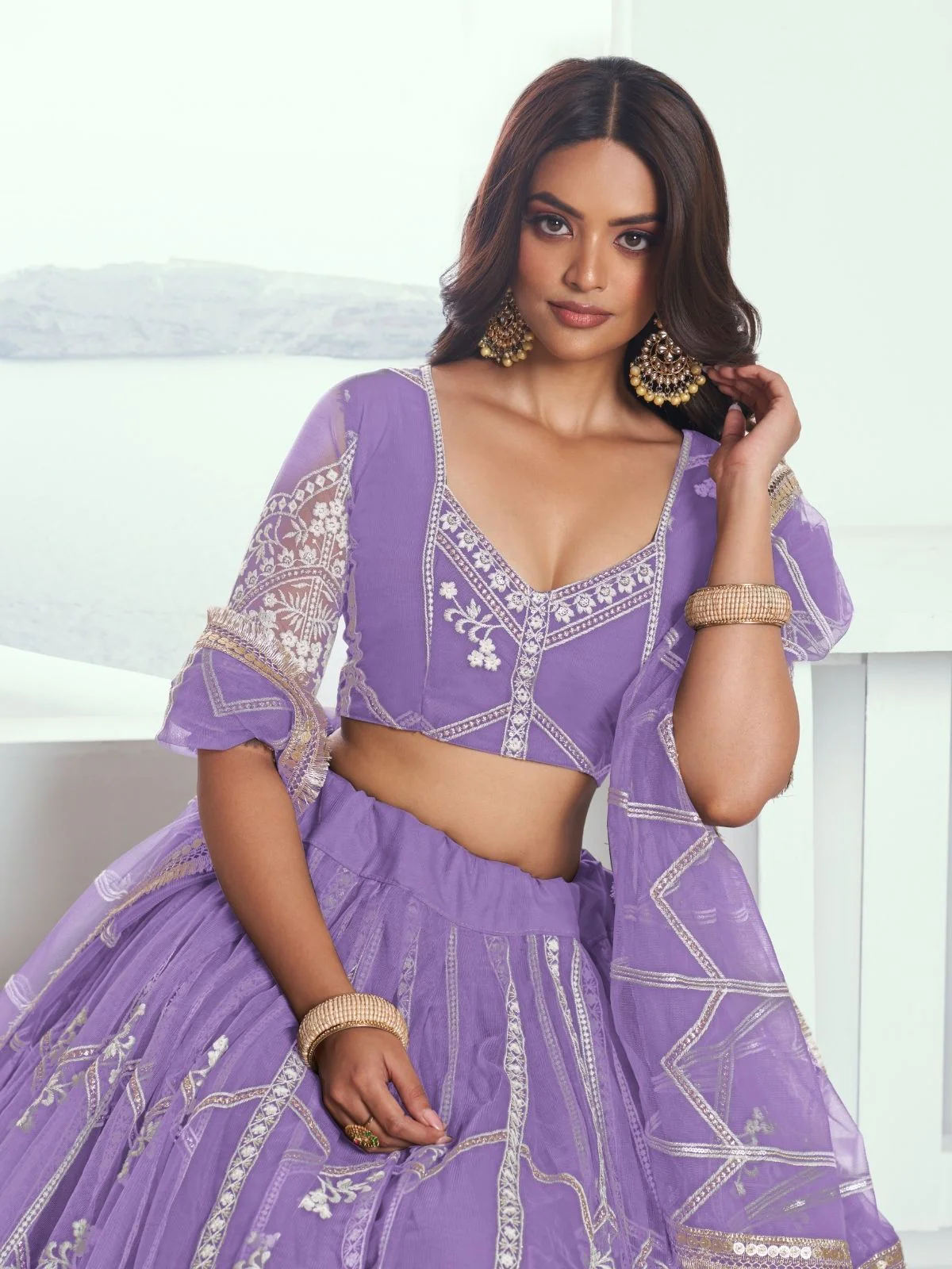 Odette Lavender Net Embroidered Semi Stitched Lehenga For Women - Image 2