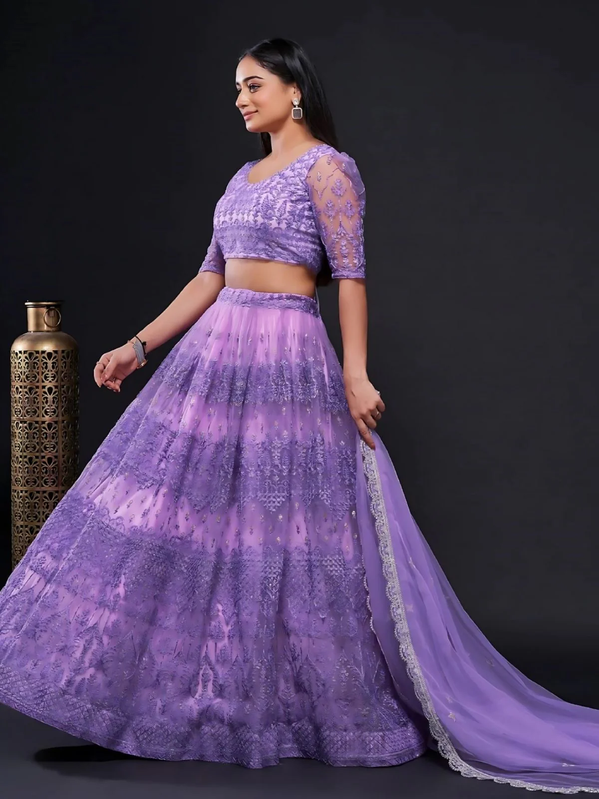 Odette Lavender Net Embroidered Semi-Stitched Lehenga For Women - Image 3