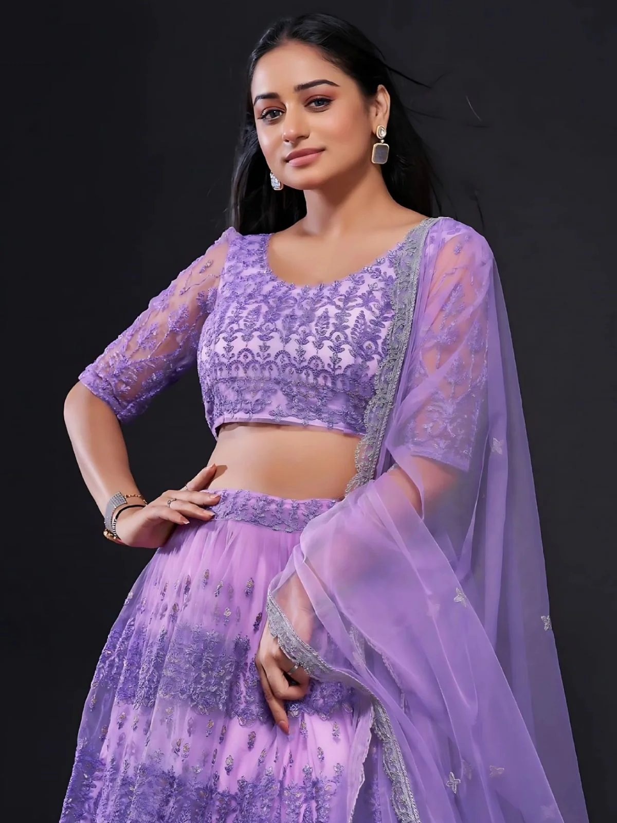 Odette Lavender Net Embroidered Semi-Stitched Lehenga For Women - Image 4