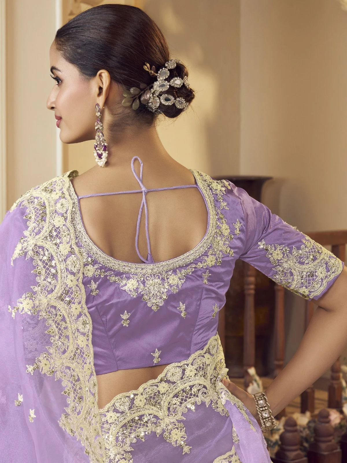Odette Lavender Organza Embellished Elegant Saree For Women - Image 2