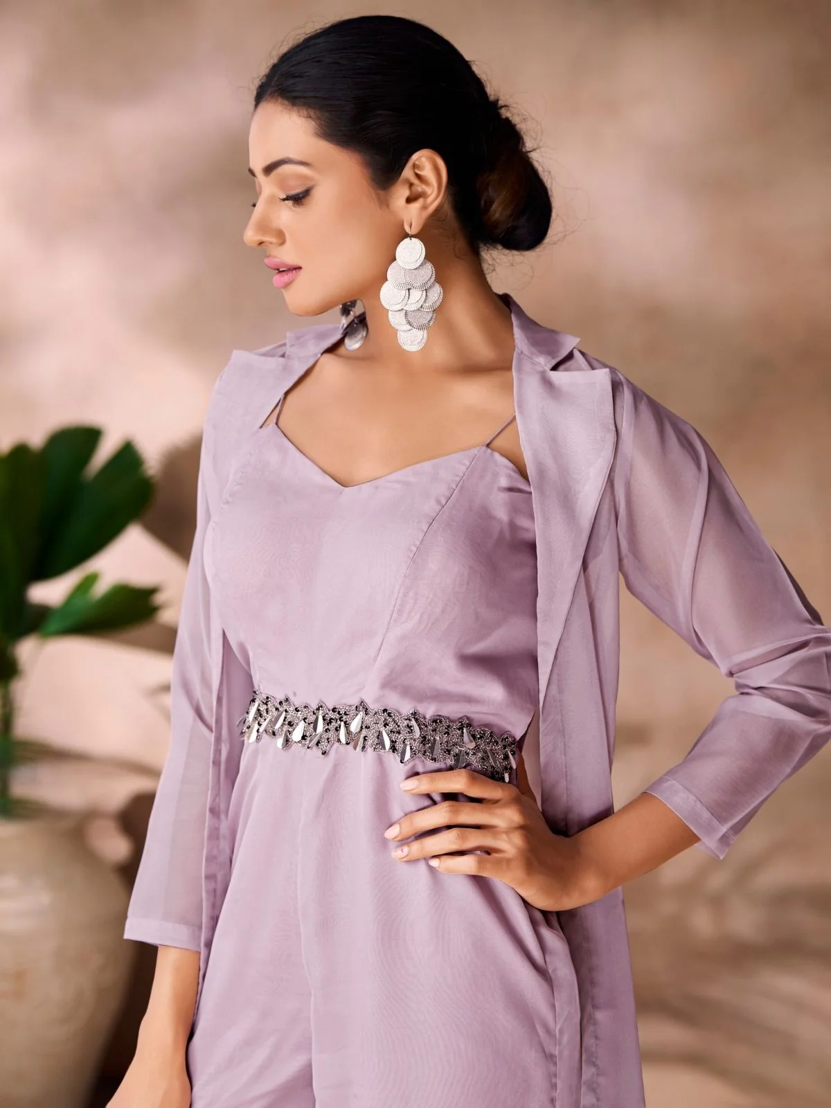 Odette Lavender Organza Embellished Jumpsuit For Women - Image 4