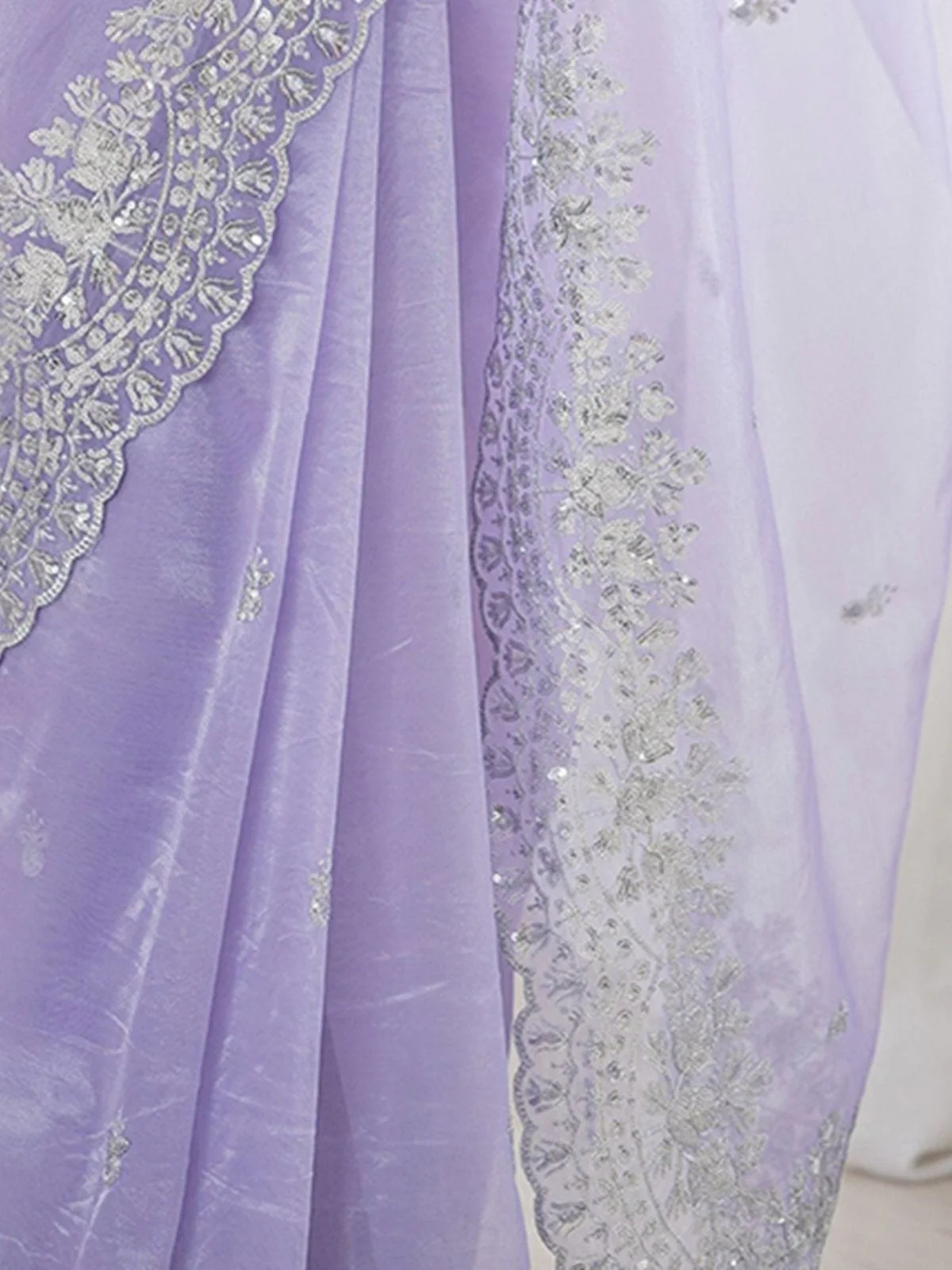Odette Lavender Organza Embellished Solid Saree For Women - Image 6