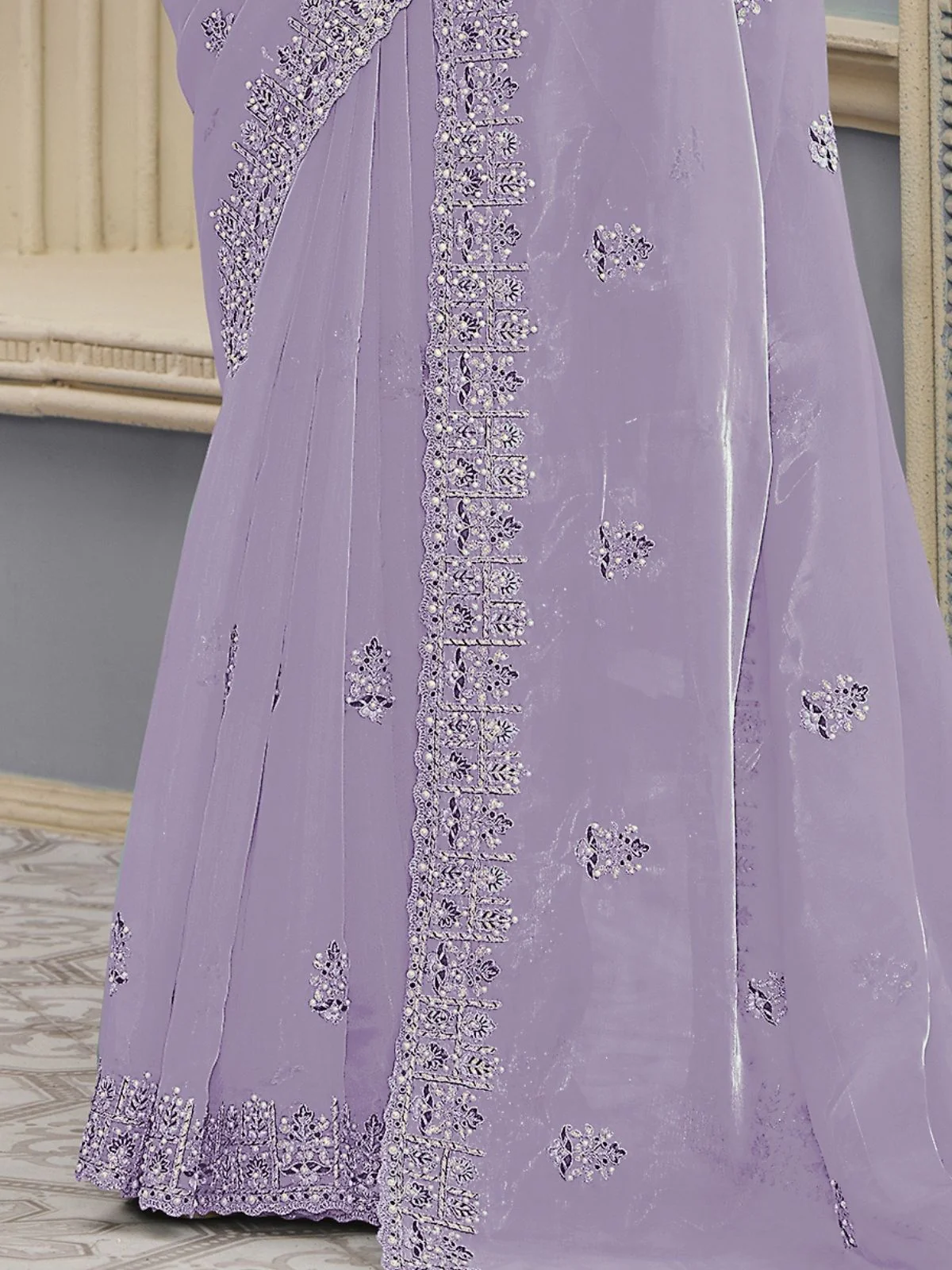 Odette Lavender Organza Embroidered Elegant Saree For Women - Image 3