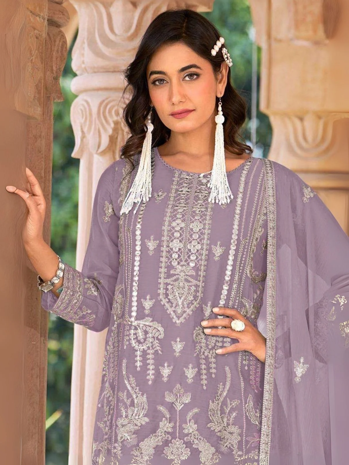Odette Lavender Organza Embroidered Semi-Sitched Kurta Set For Women - Image 2