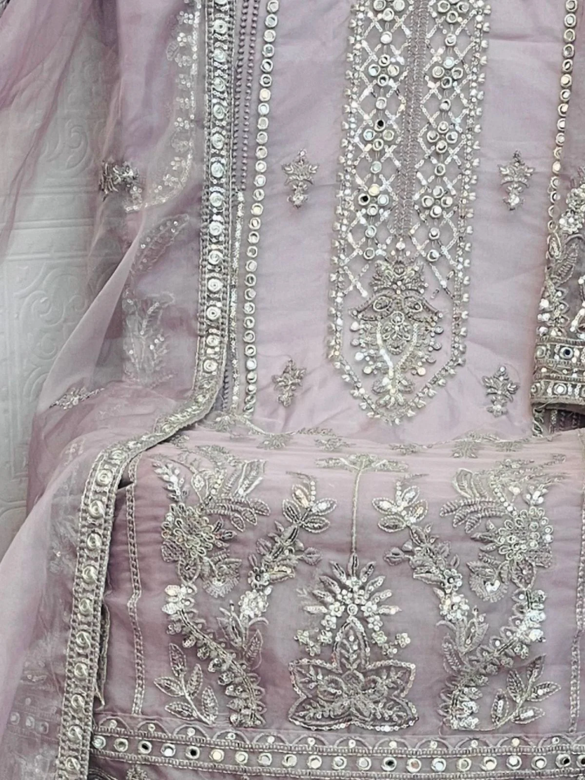 Odette Lavender Organza Embroidered Semi-Sitched Kurta Set For Women - Image 3