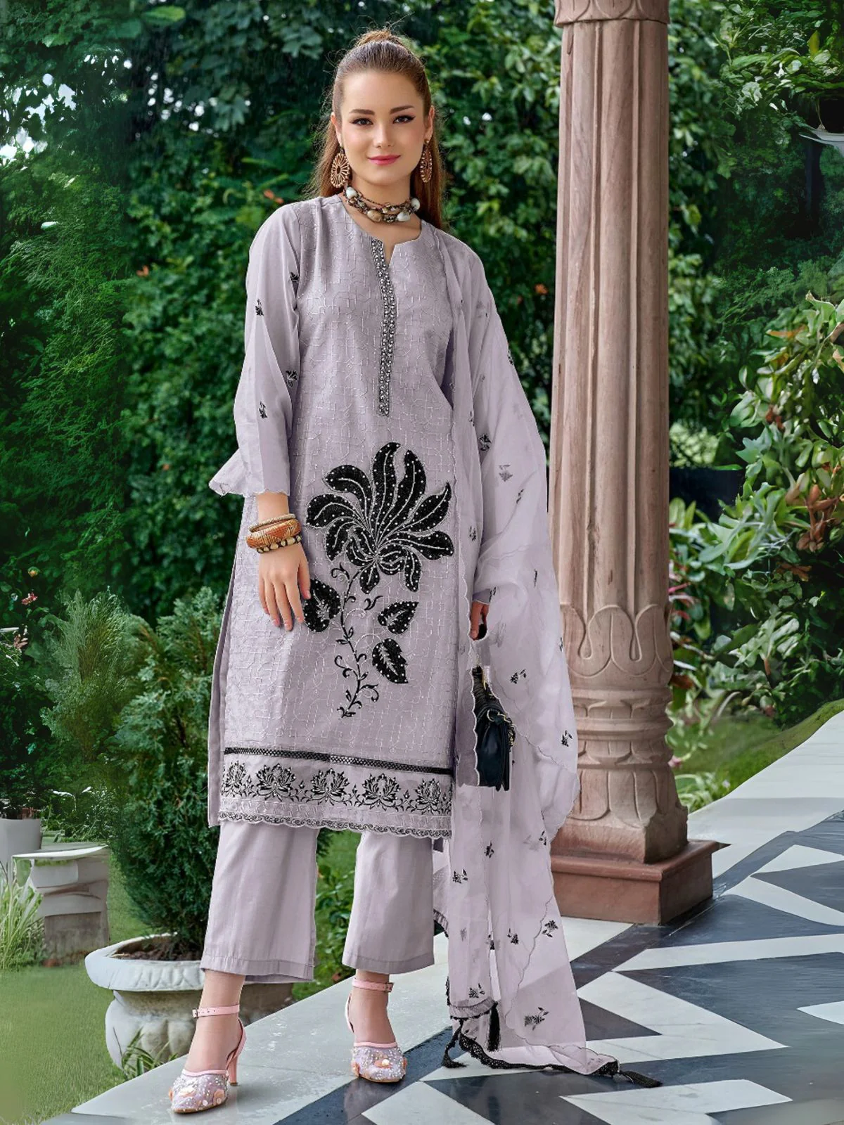 Odette Lavender Organza Embroidered Semi-Stitched Kurta Set For Women