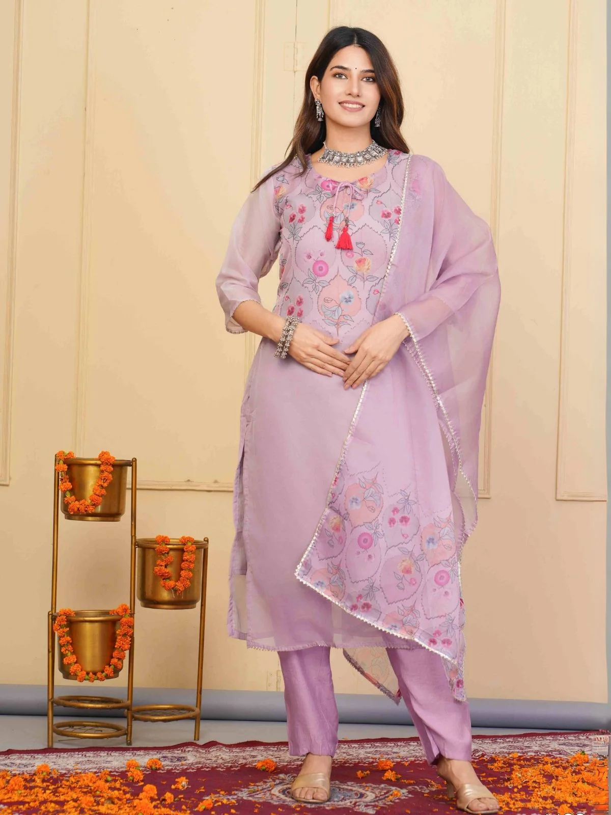 Odette Lavender Organza Embroidered Stitched Kurta Set For Women