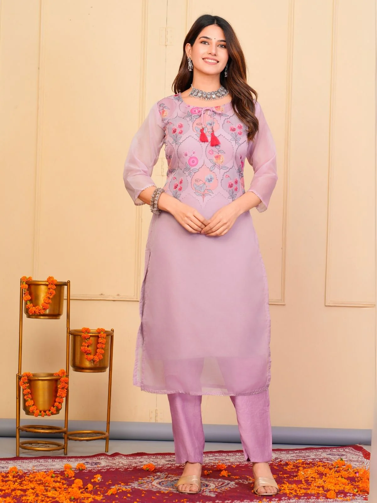 Odette Lavender Organza Embroidered Stitched Kurta Set For Women - Image 3