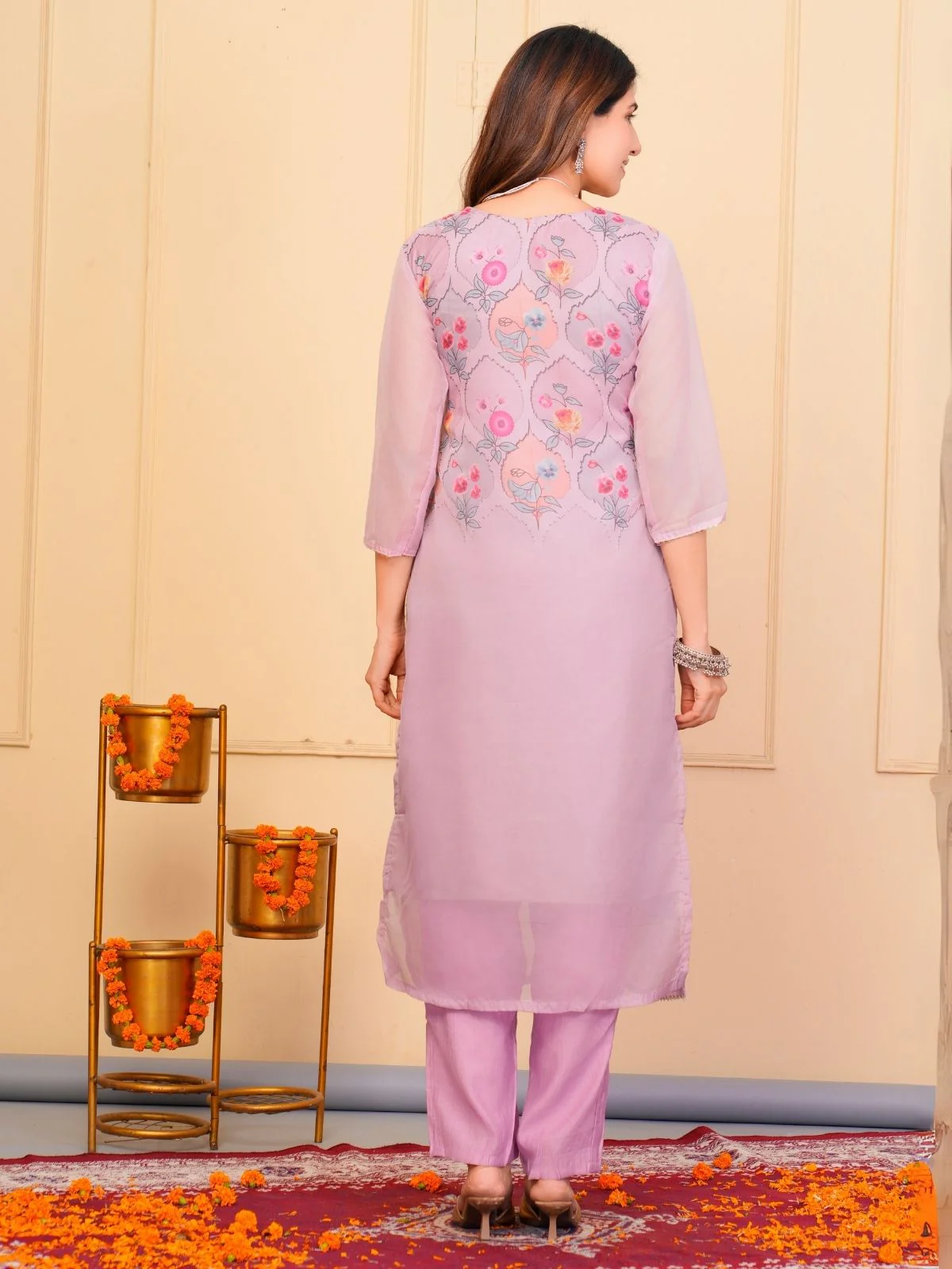 Odette Lavender Organza Embroidered Stitched Kurta Set For Women - Image 4