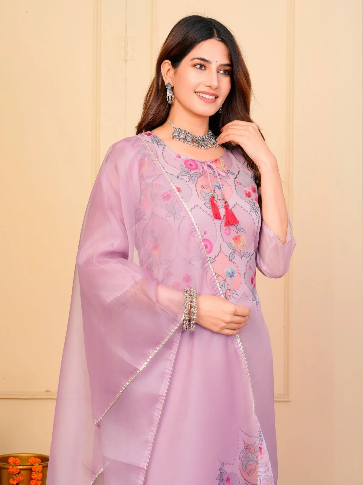 Odette Lavender Organza Embroidered Stitched Kurta Set For Women - Image 5