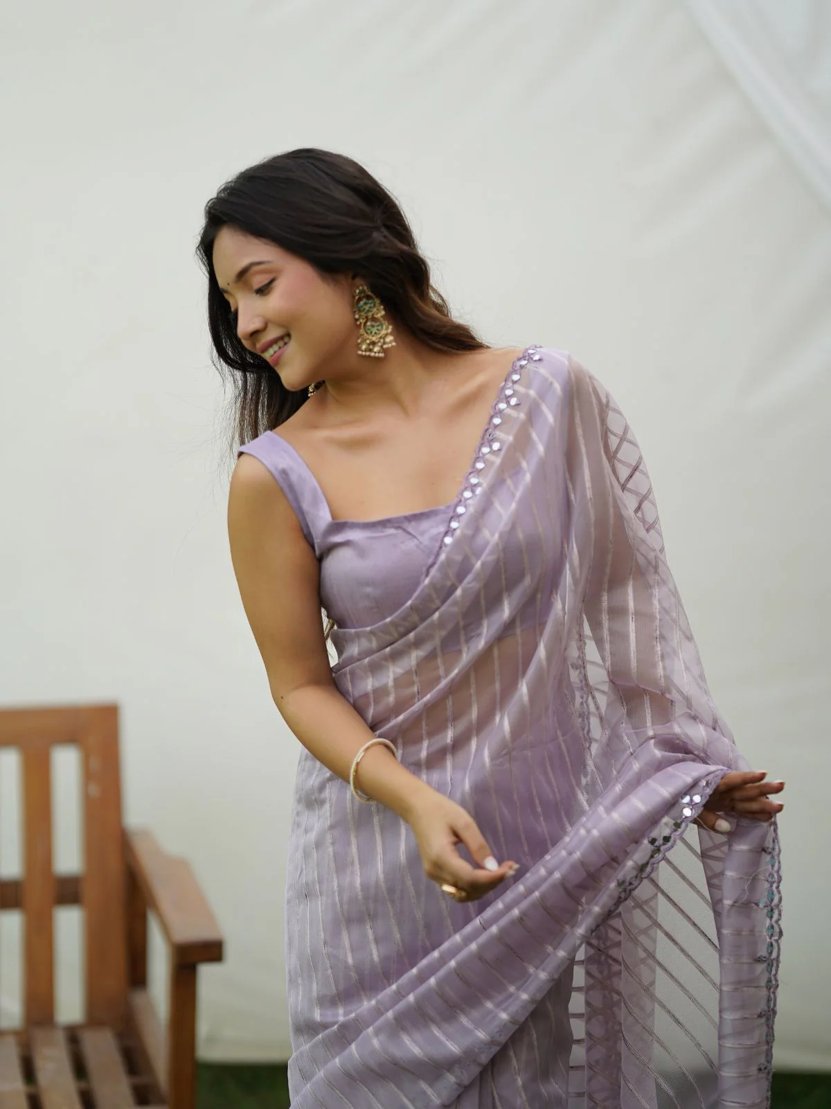 Odette Lavender Organza Mirror Work Saree With Unstitched Blouse For Women - Image 6