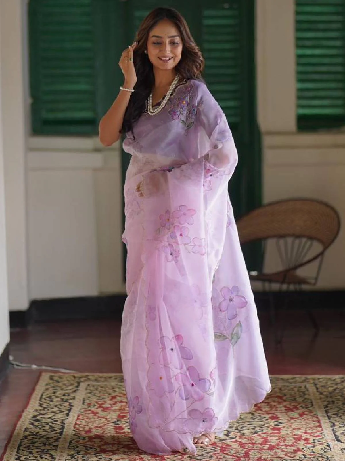 Odette Lavender Organza Printed With unstitched Blouse For Women - Image 2